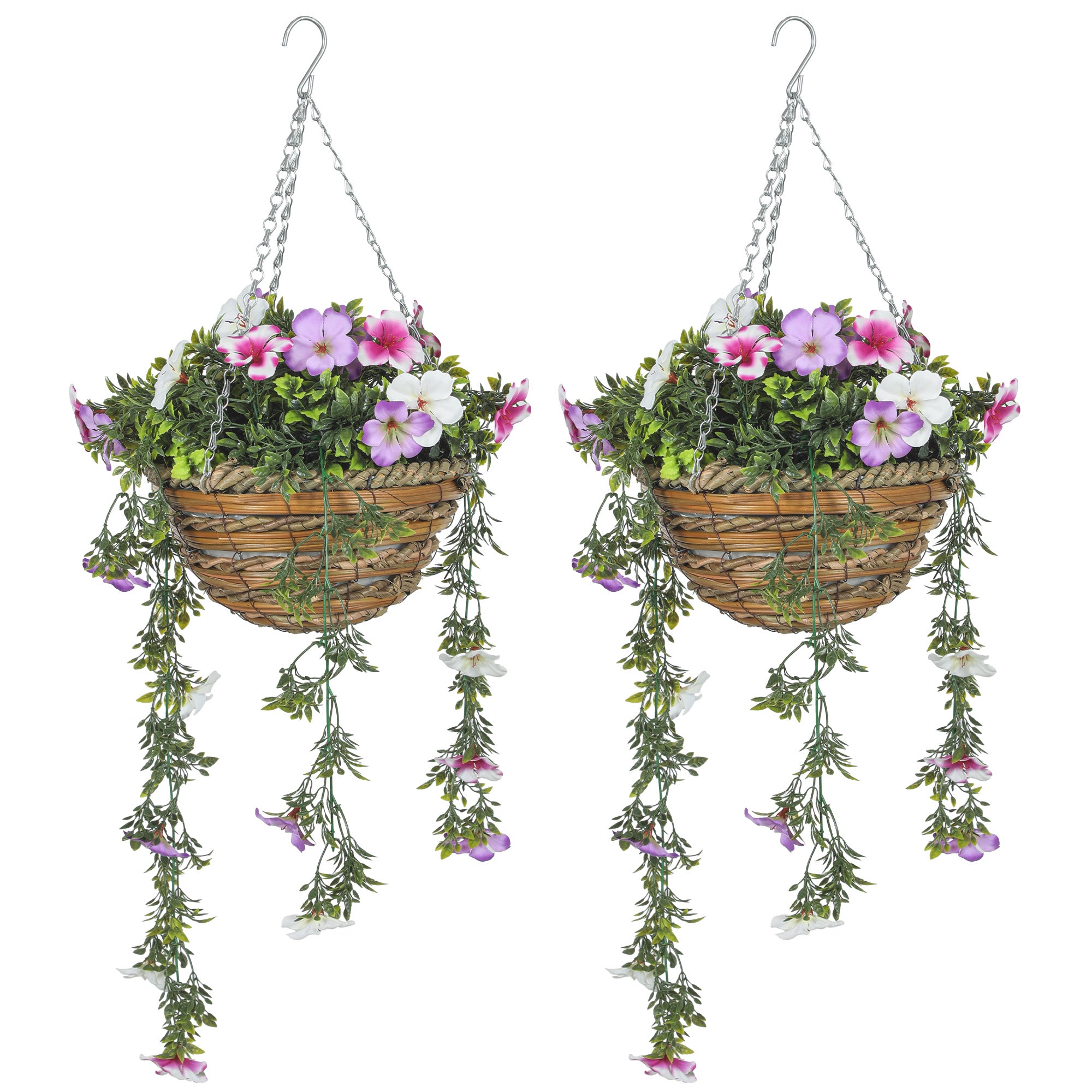 Set of 2 Decorative Artificial Plants, Faux Silk Azalea Flowers in Hanging Baskets, Fake Plants for Home Indoor Outdoor Decor, Pink and White