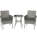 3 Piece Rattan Bistro Set, PE Wicker Garden Furniture Conversation Set with 2 Tier Glass-Top Table, Chairs, Dark Grey