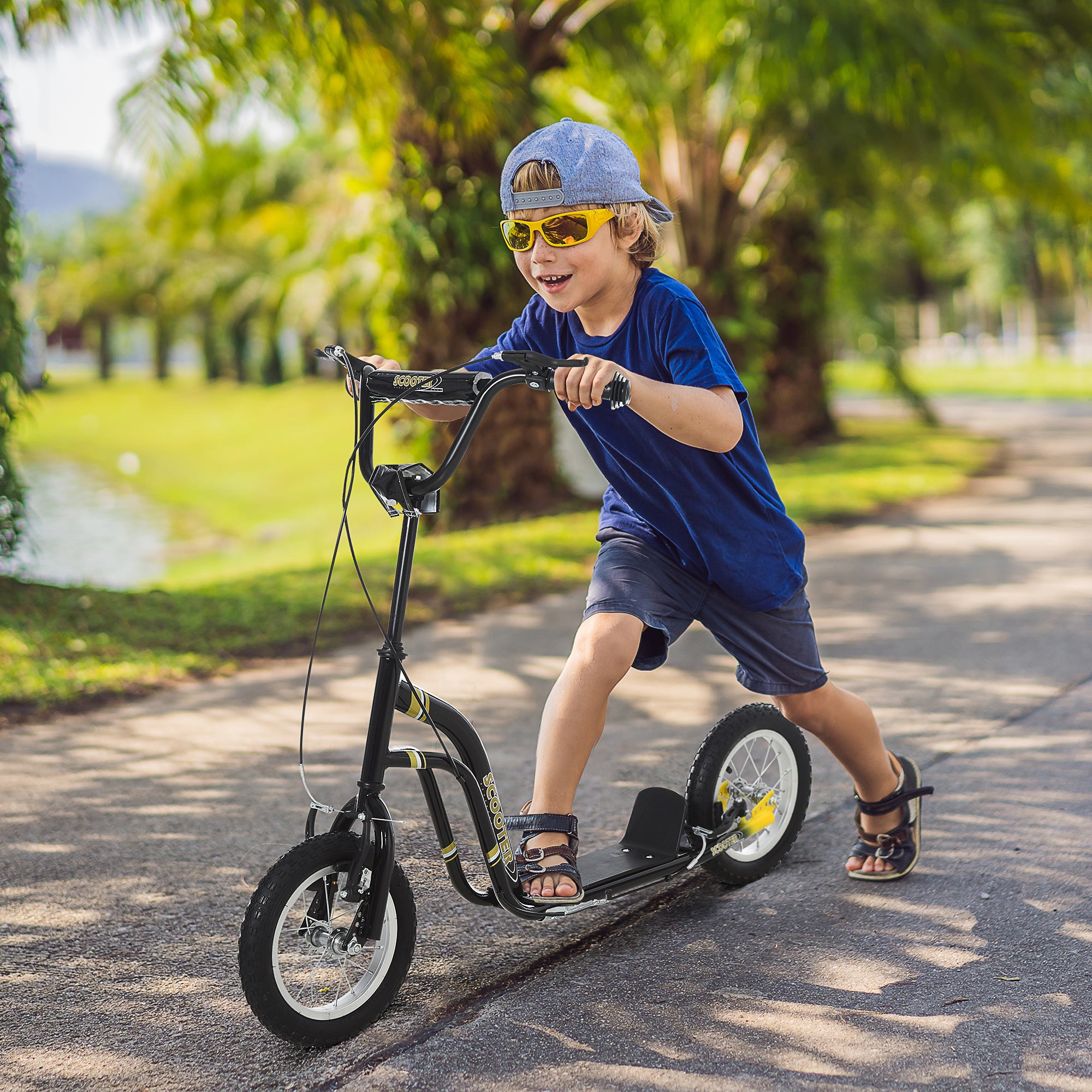 Teen Kids Stunt Scooter w/ Adjustable Handlebar, 12 Inch Rubber Tyres, Dual Brakes, Black