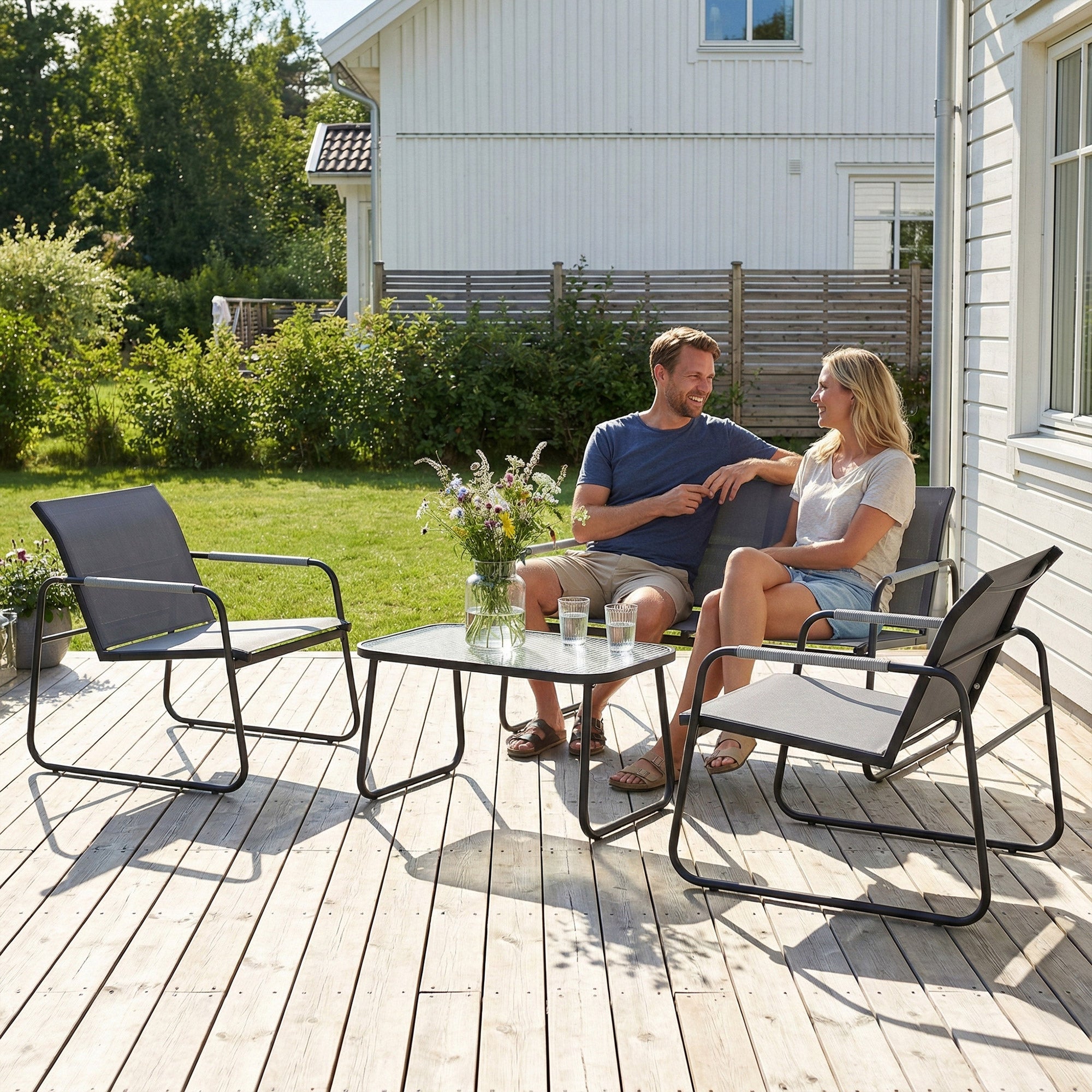 4 Piece Garden Furniture Set, Garden Sofa Set with Loveseat, 2 Armchairs, Tempered Glass Table for Balcony, Grey
