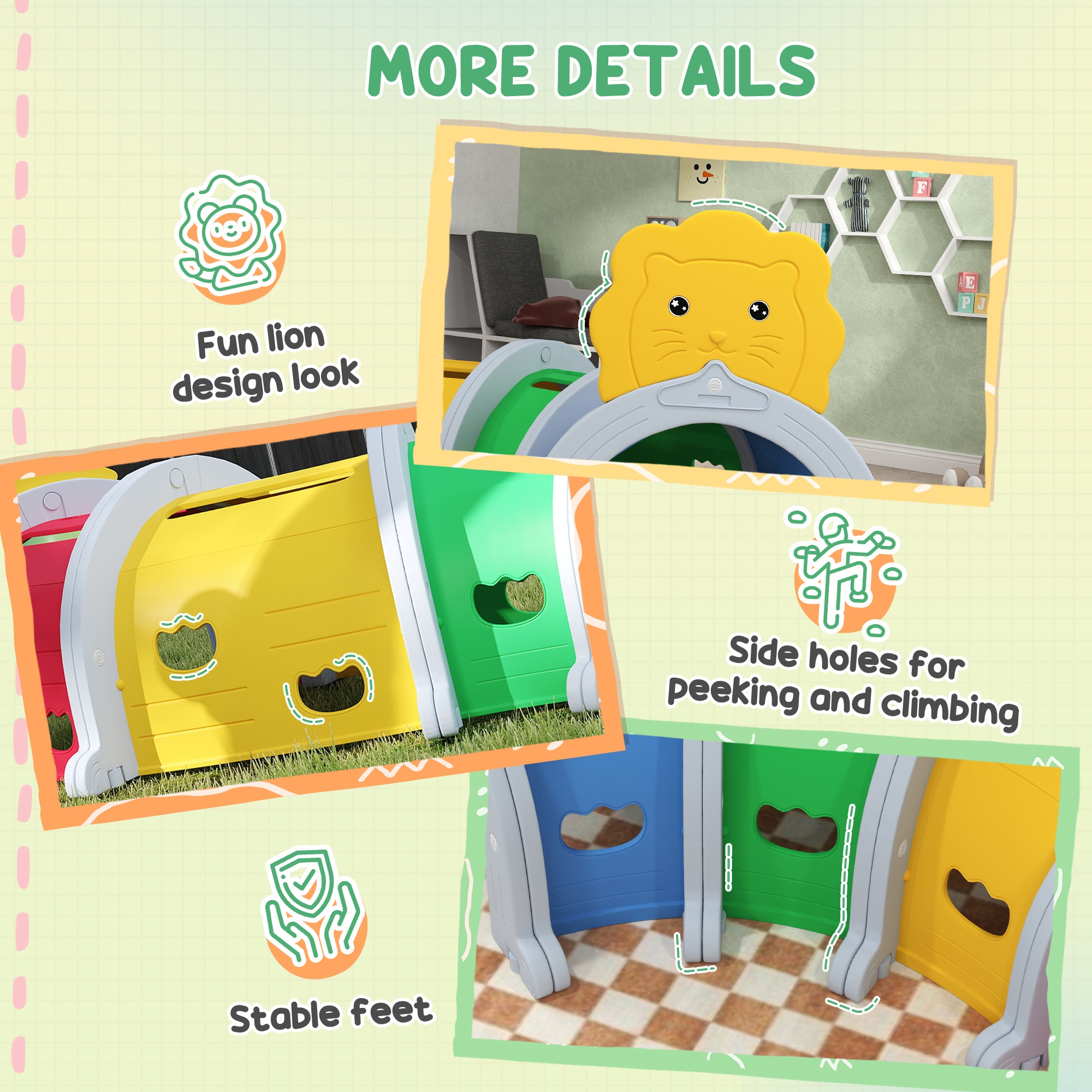 Kids Play Tunnel for 3-6 Years Crawl and Climb, Lion Design, Indoor & Outdoor