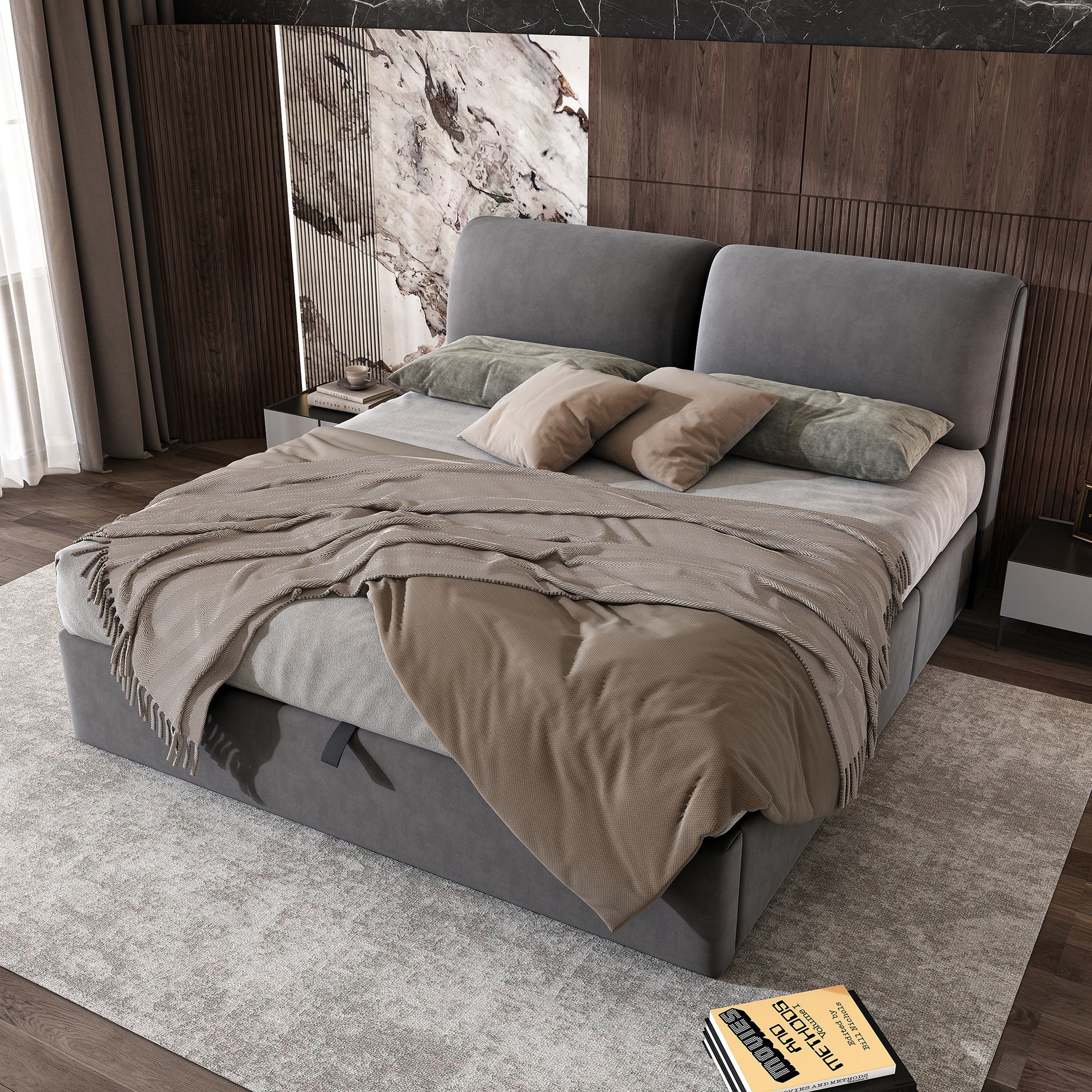 King Size Upholstered Bed with Hydraulic Storage and 3 Drawers - Grey Velvet
