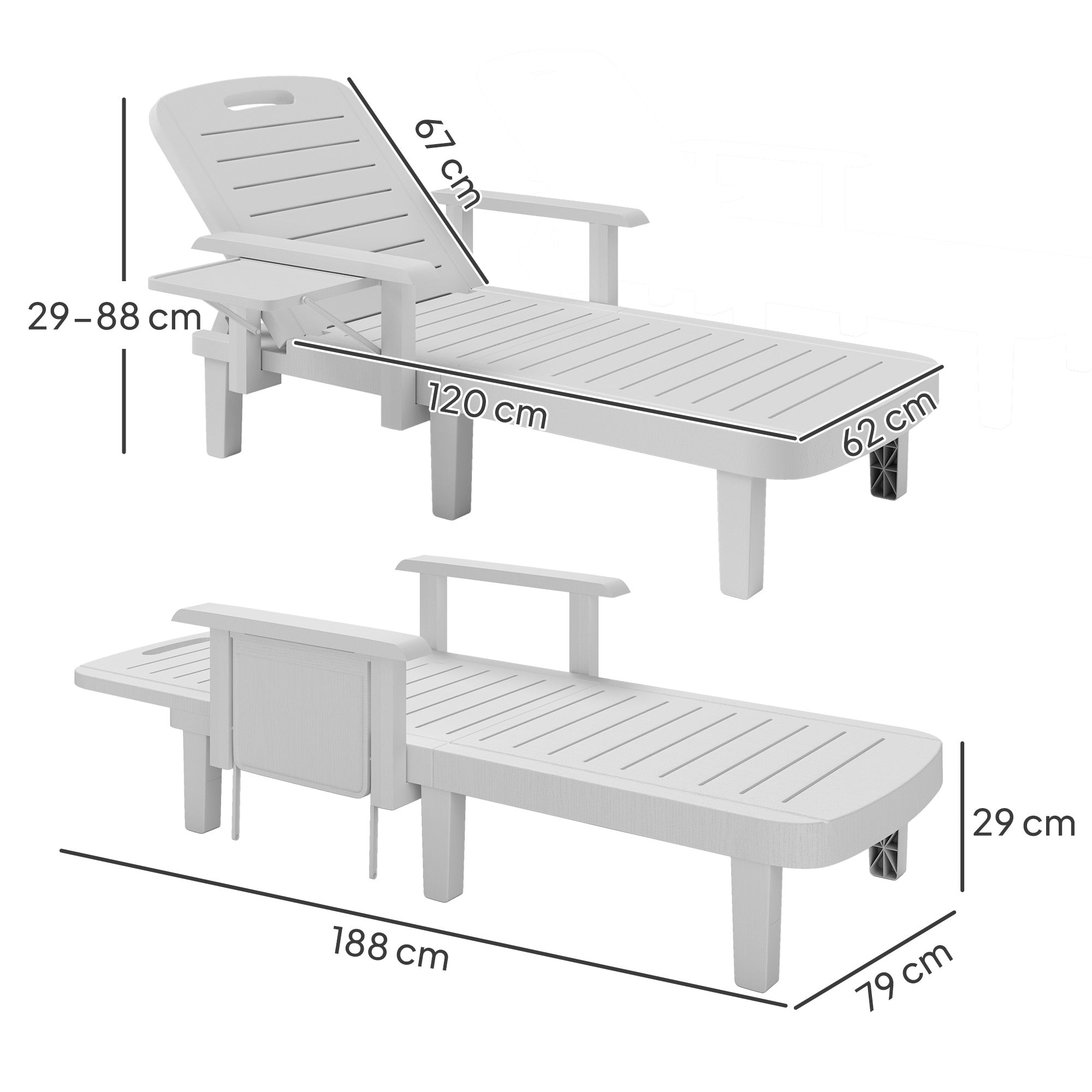 Set of 2 Resin Reclining Sun Loungers for Garden, 5 Positions Adjustable Outdoor Chaise Lounge Chairs with Wood Texture Surface, Armrests, Foldable Side Table for Garden, Beach, White