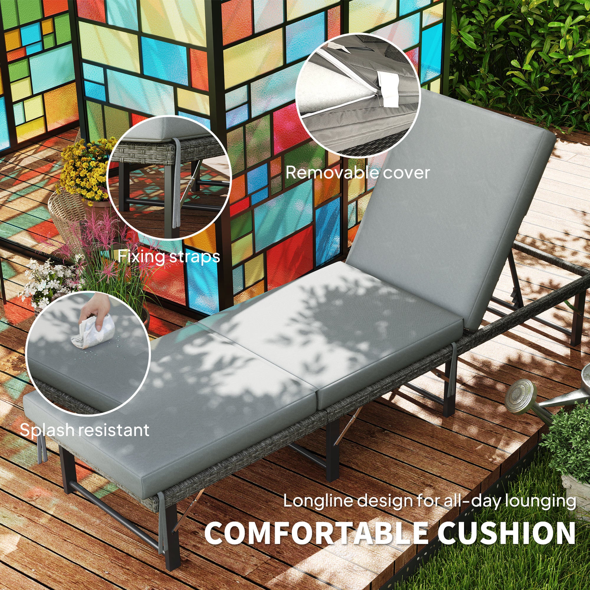 Single Folding Rattan Sun Lounger, with Cushion - Grey