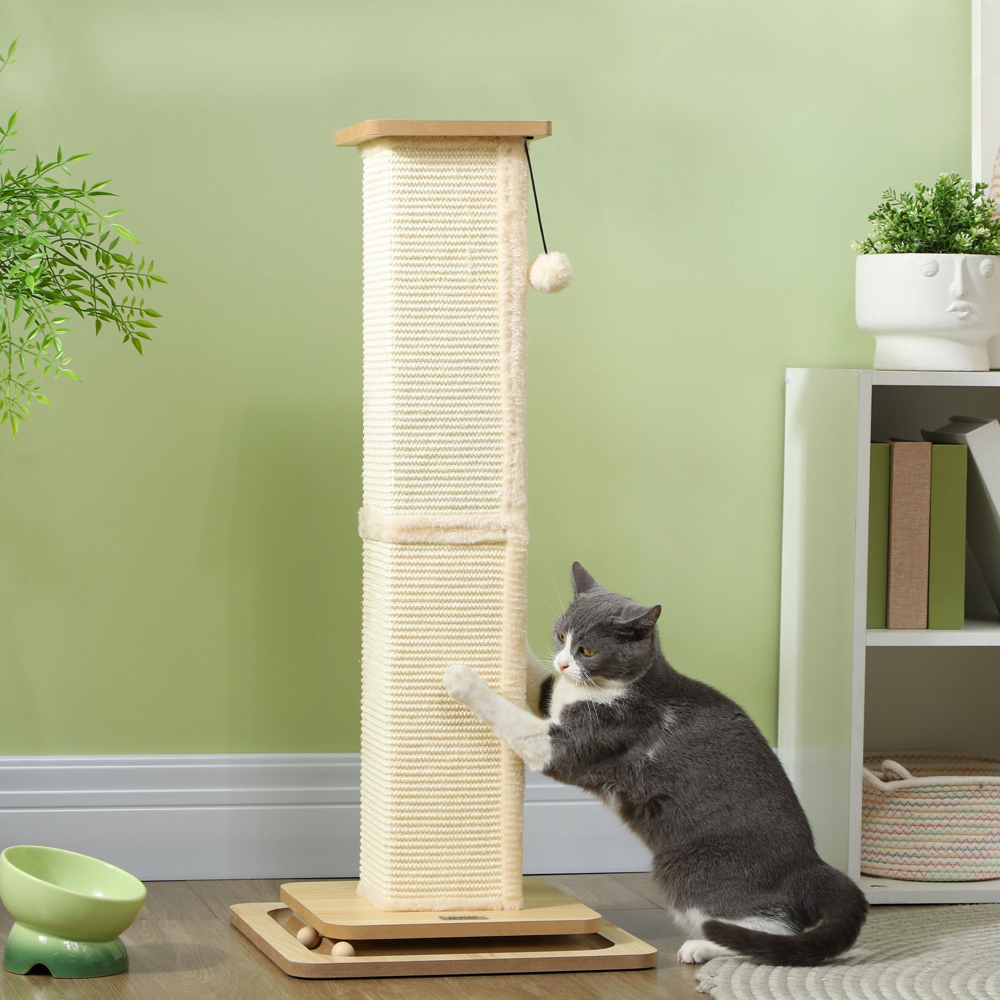 3-in-1 Cat Scratching Post, 87cm Cat Scratcher w/ Track Ball Toy, Oak Tone