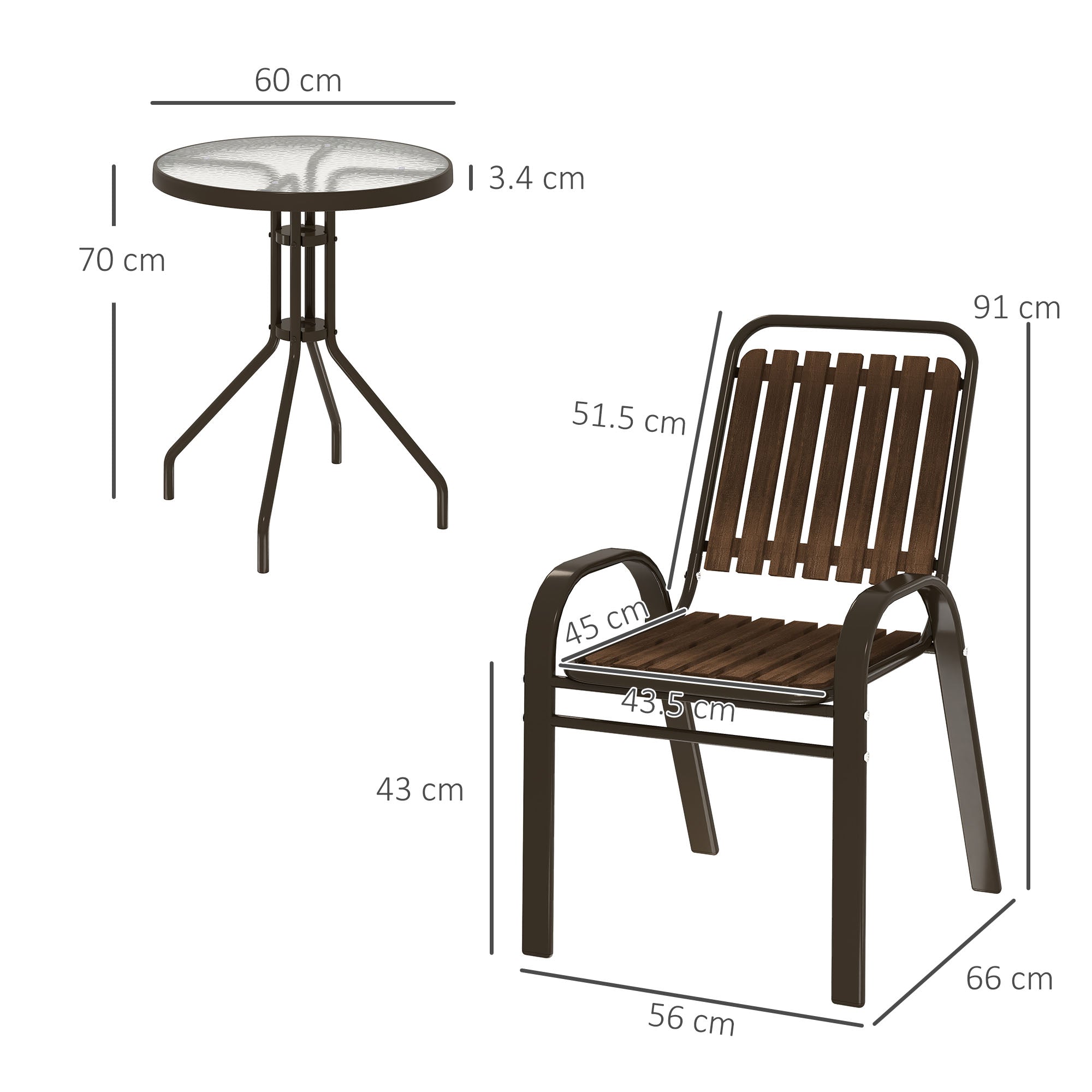 3 Pieces Outdoor Patio Bistro Set with Stackable Chairs and Tempered Glass Table - Dark Brown