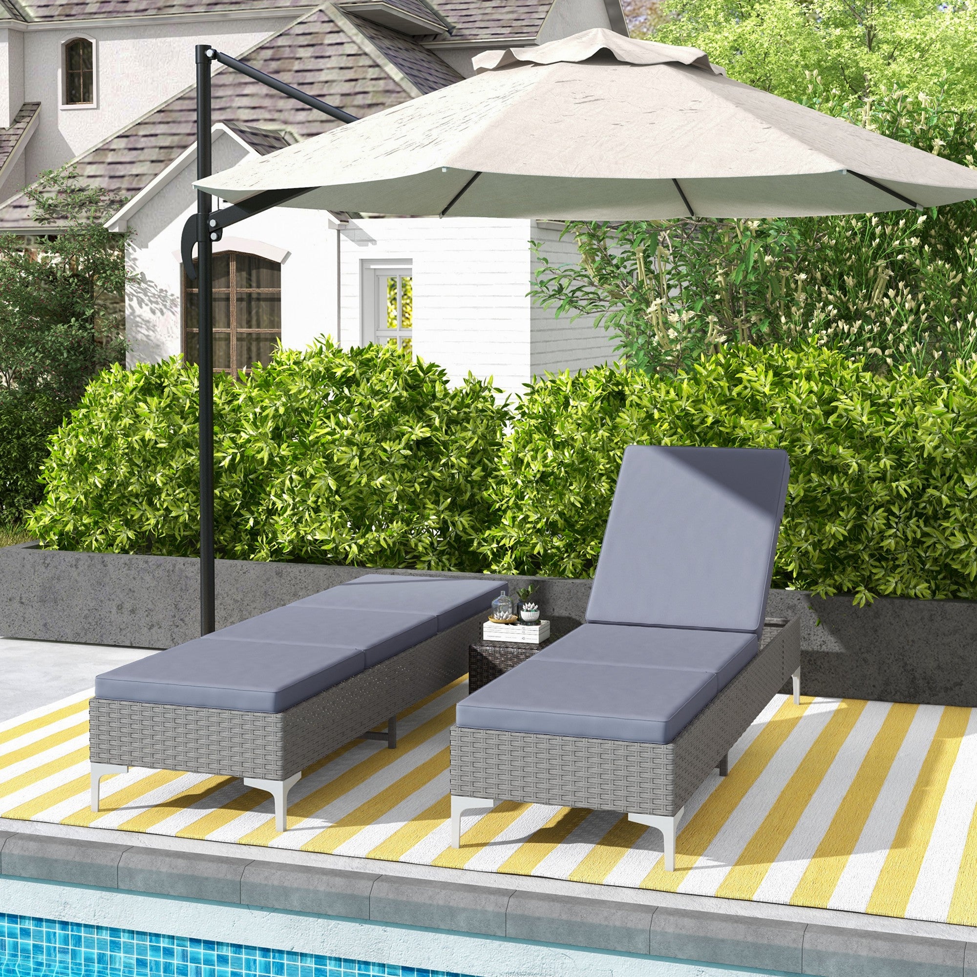 Outdoor PE Rattan Sun Lounger Set of 2, Multi-position Backrest Adjustable Single Recliner Sunbed Daybed with Removeable & Washable Cushion, for Patio, Garden, Dark Grey