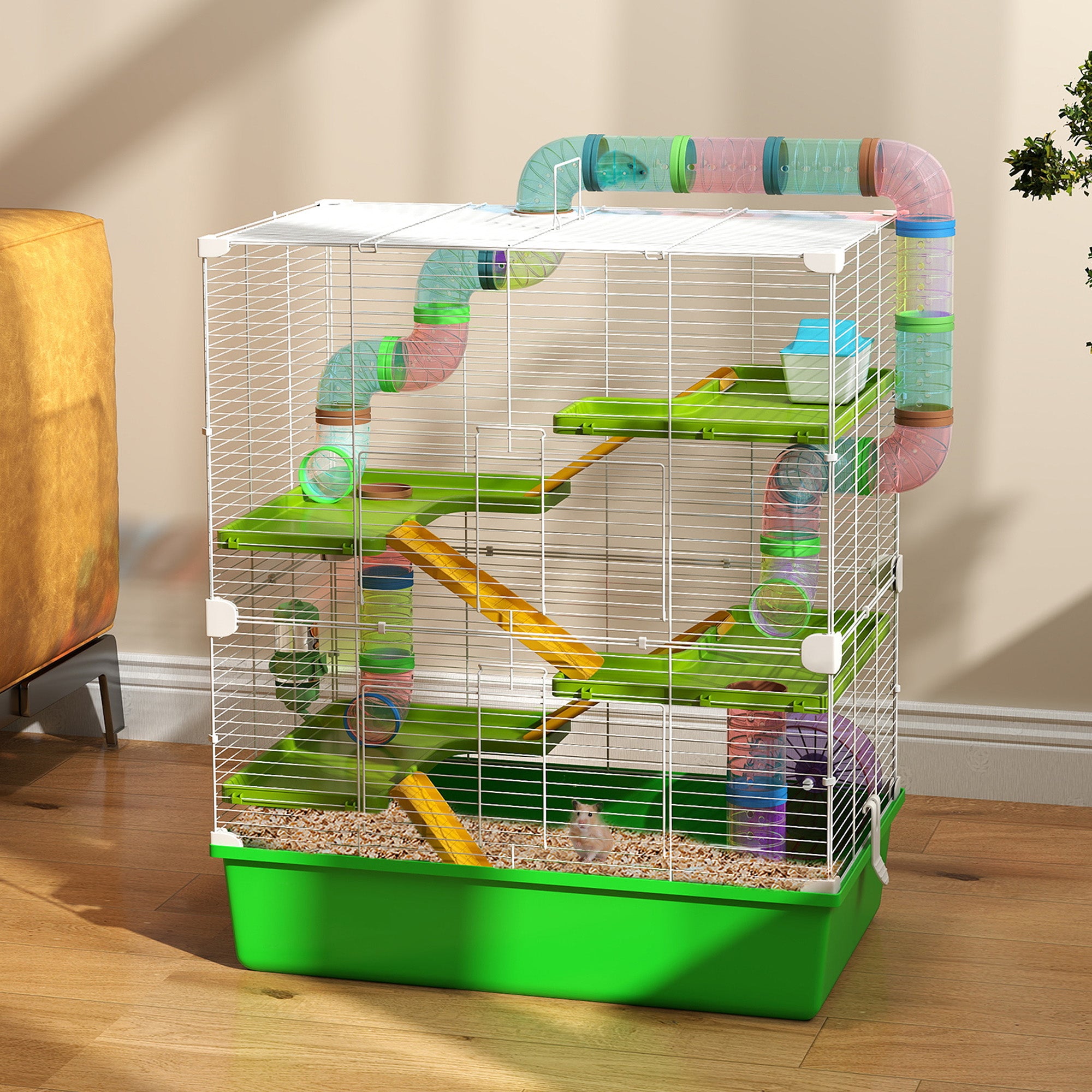 Hamster Cage w/ Water Bottle, Exercise Wheel, Tubes, Ramps - Green