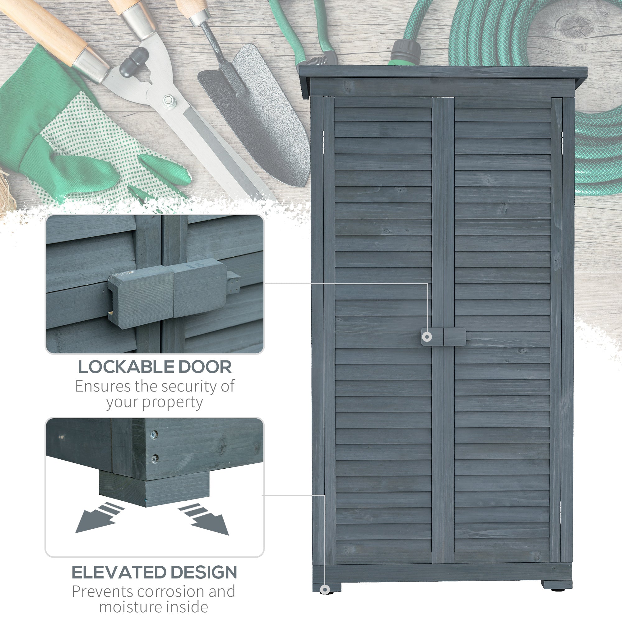 Fir Wood Garden Storage Shed 39.5 x 79cm with Shelves - Grey