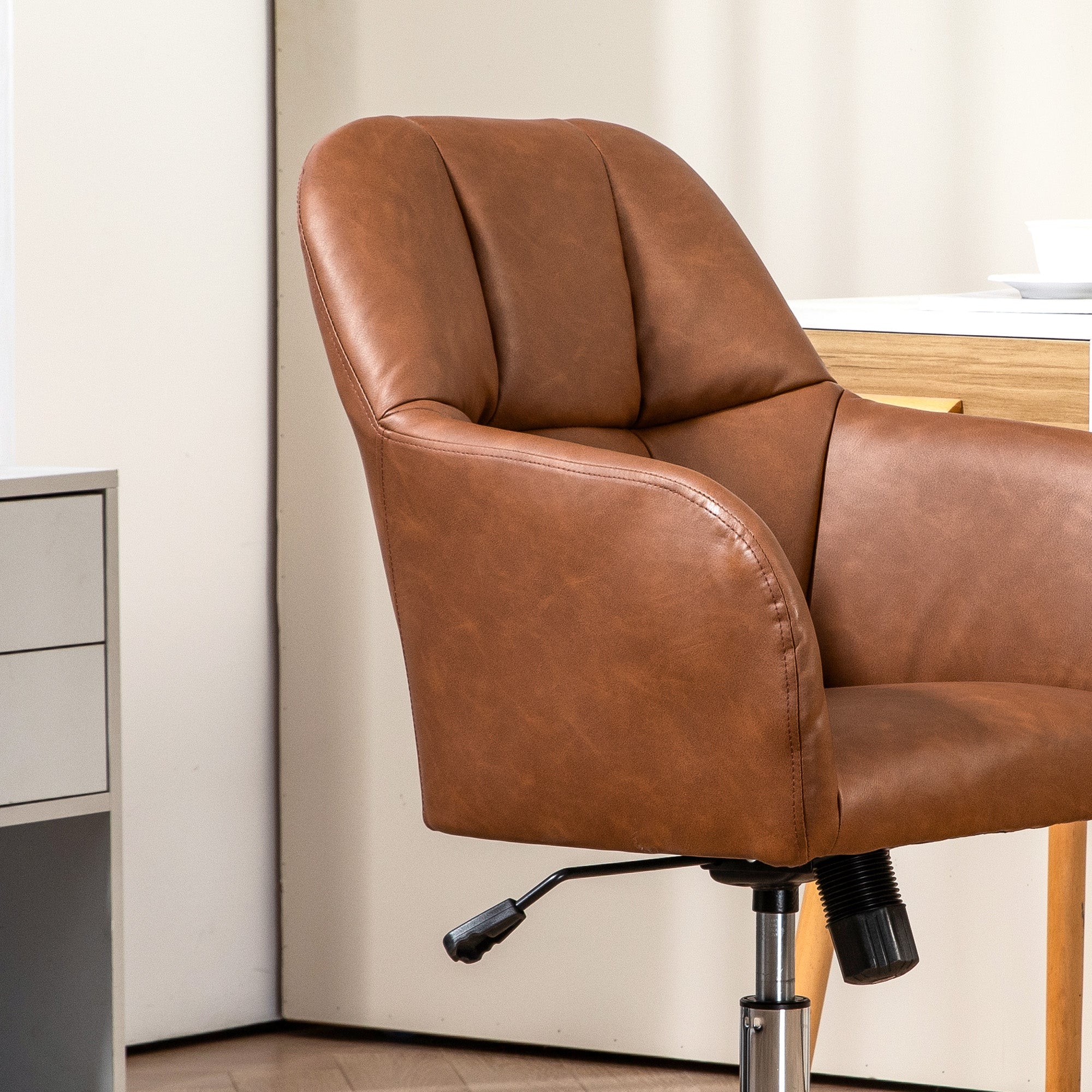 Faux Leather Tub Office Chair, with Wheels - Brown