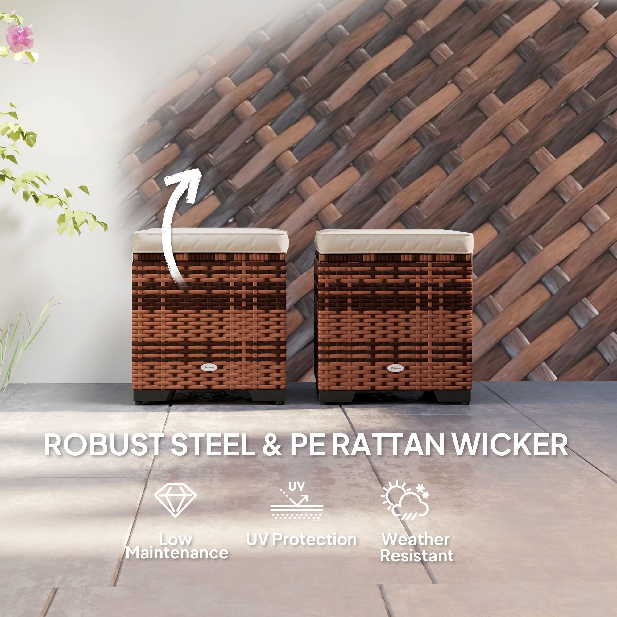 Set of 2 Rattan Storage Ottomans with Removable Cushions Beige