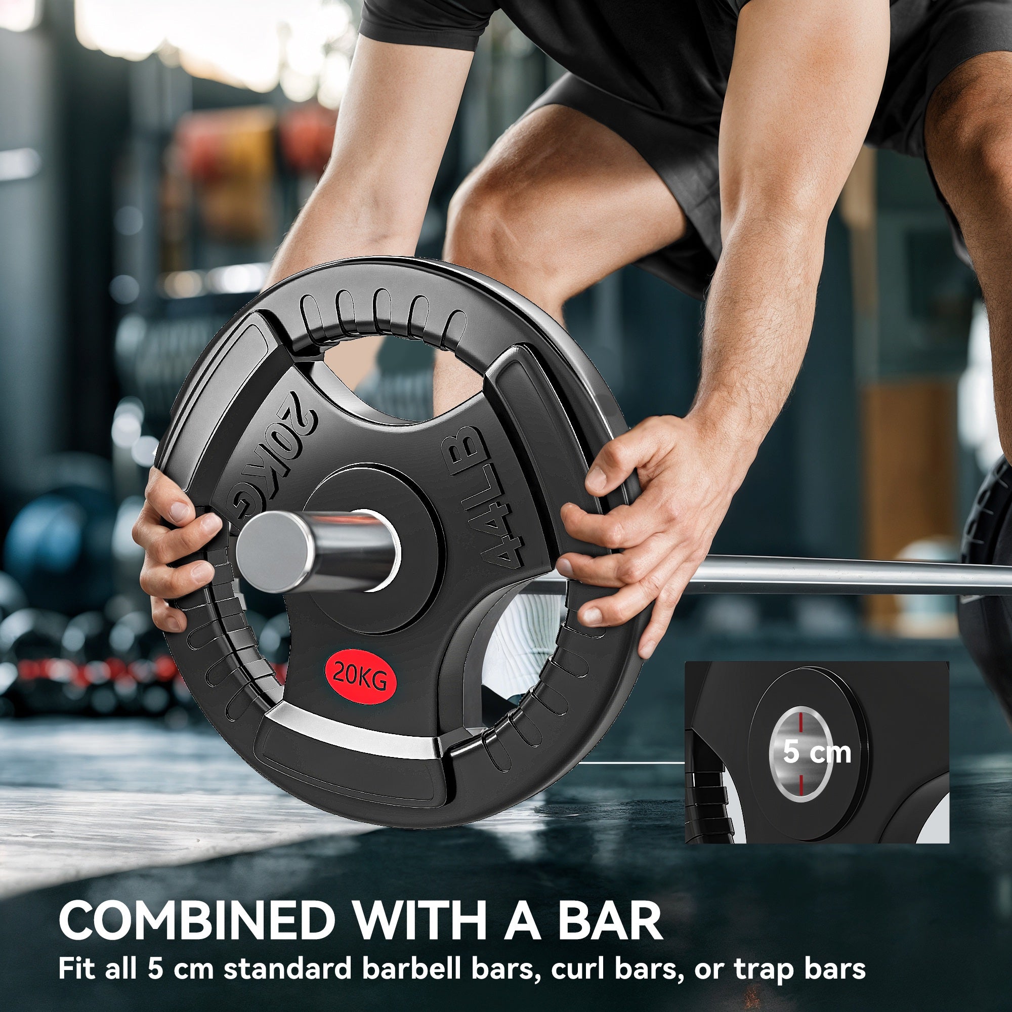 Olympic Weight Plate, 2"/5cm Weight Disc with Tri-Grips, 20kg Dumbbell Plate for Weightlifting and Strength Training Home Gym Fitness Workout, Black