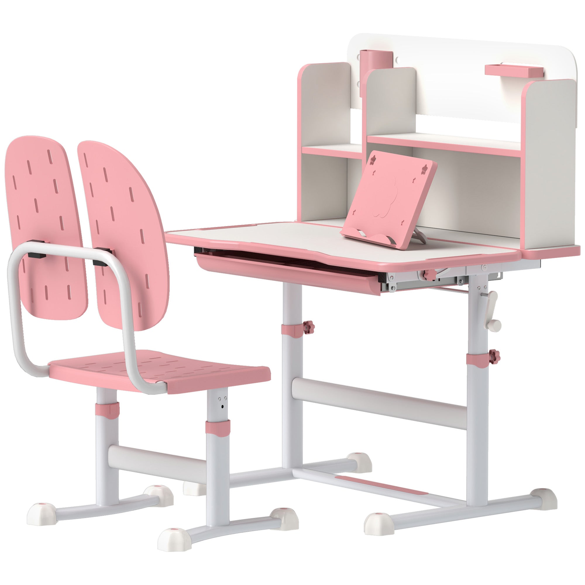 Height Adjustable Kids Desk and Chair Set, Children School Study Desk with Tiltable Desktop, Reading Rack, Pink