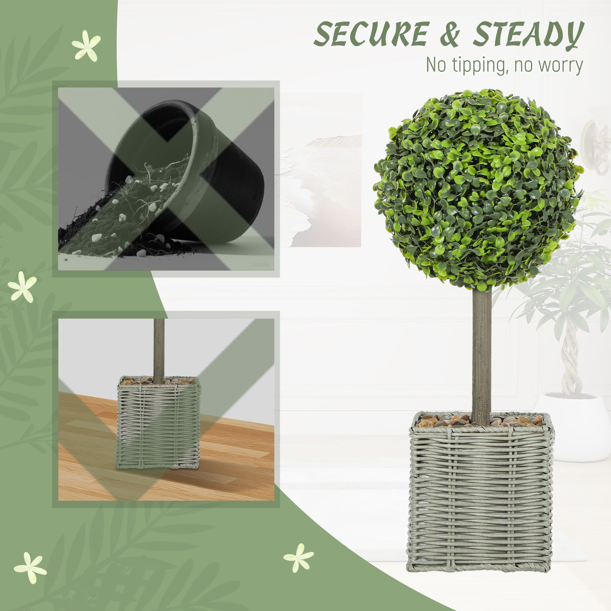 Set of 2 Decorative Artificial Plants, 50cm Faux Boxwood Topiary Balls with Woven Plastic Pot and Pebbles, Fake Plants for Home or Office Decor, Green
