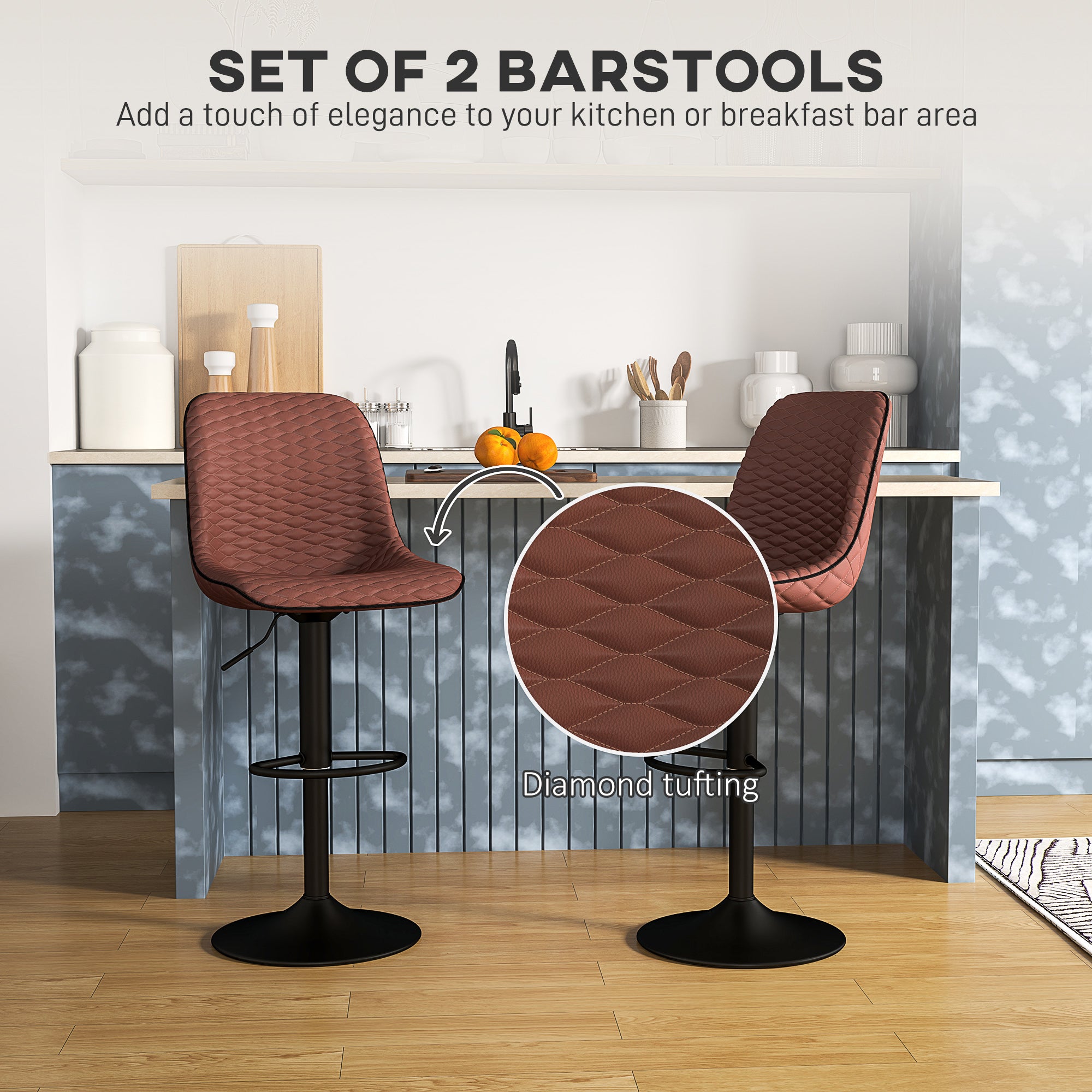 Set of Two Faux Leather Bar Stools - Brown