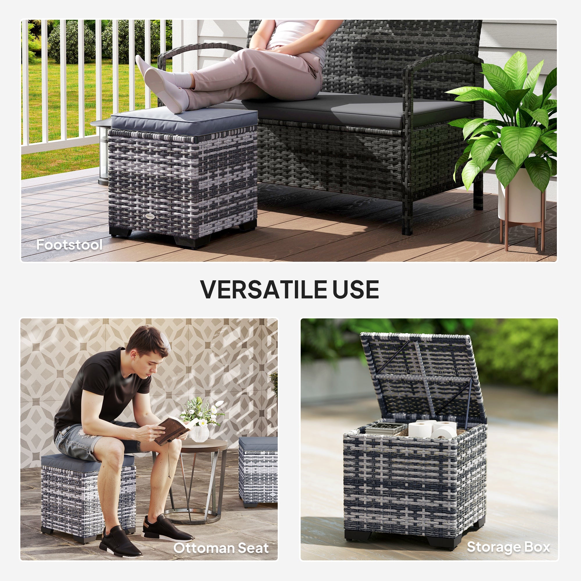 Set of 2 Rattan Storage Ottomans with Removable Cushions - Dark Grey