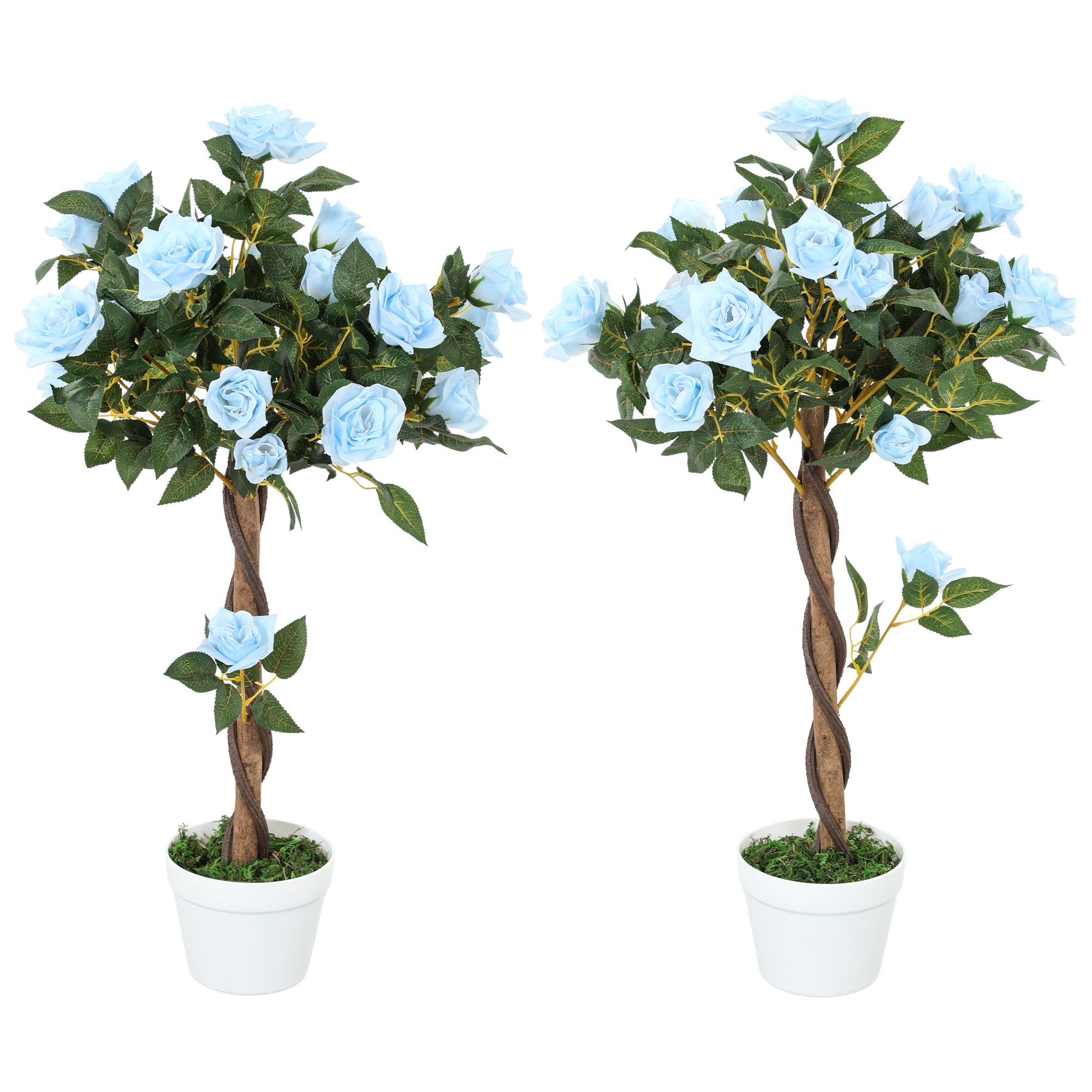 Set of 2 Artificial Plants White Rose Floral in Pot, Fake Plants for Home Indoor Outdoor Decor, 90cm, Light Blue