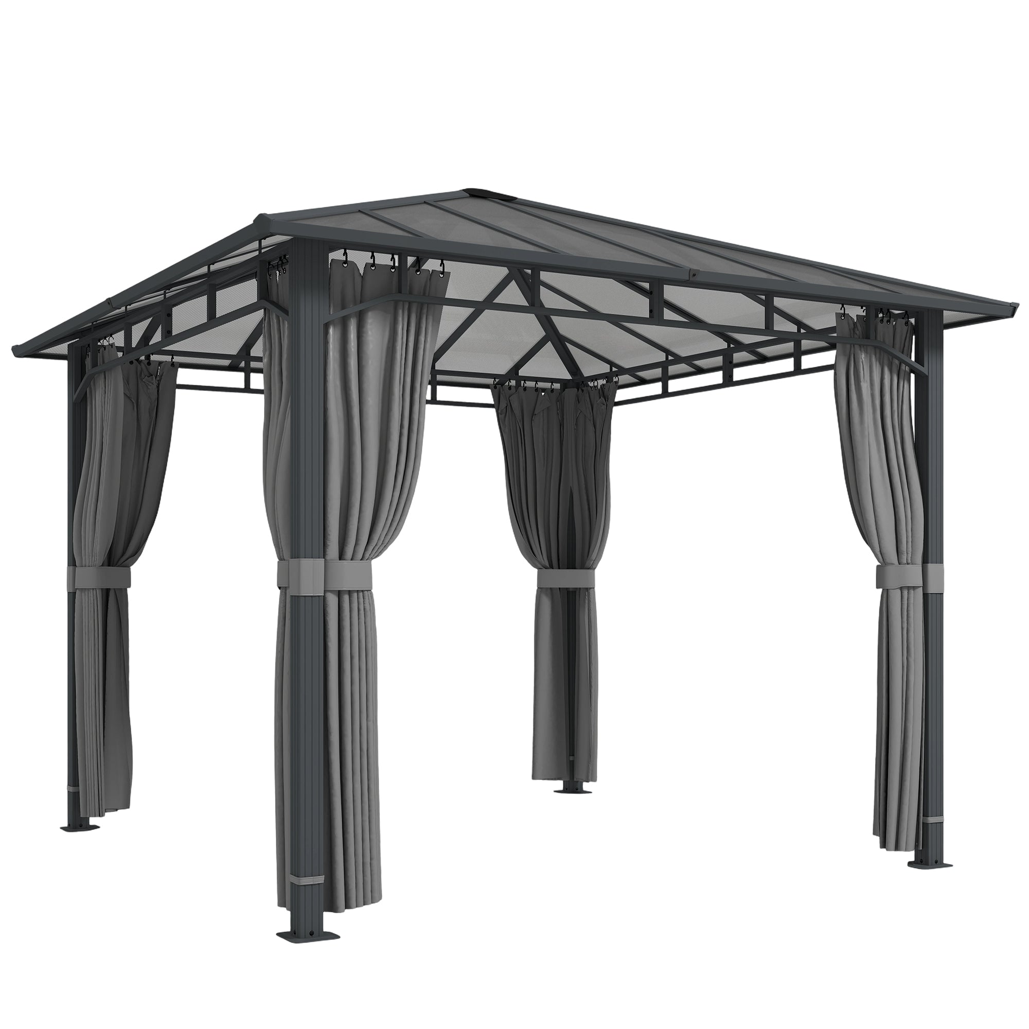 3 x 3 m Outdoor Hardtop Gazebo Canopy with PC Roof, Aluminium Permanent Pavilion Garden Gazebo with Curtains, Tan