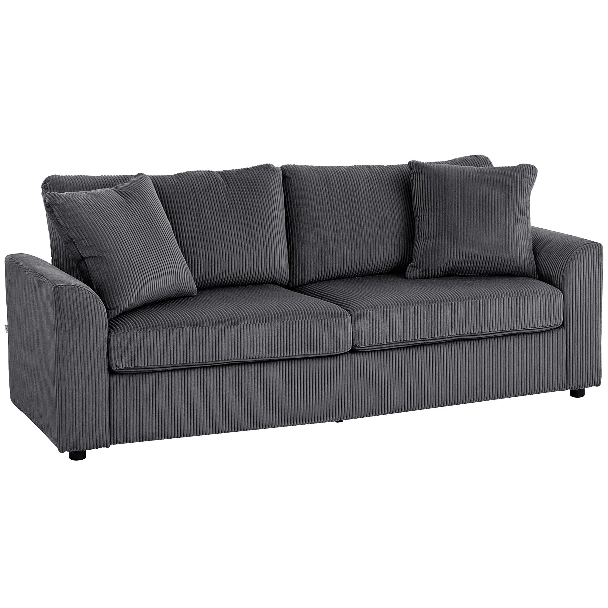 Modern 3 Seater Sofa with Spring Cushion, 212 cm Fabric Jumbo Cord Sofa Couch with 2 Scatter Cushions, Upholstered Corduroy Settee for Living Room, Bedroom, Home Office, Grey
