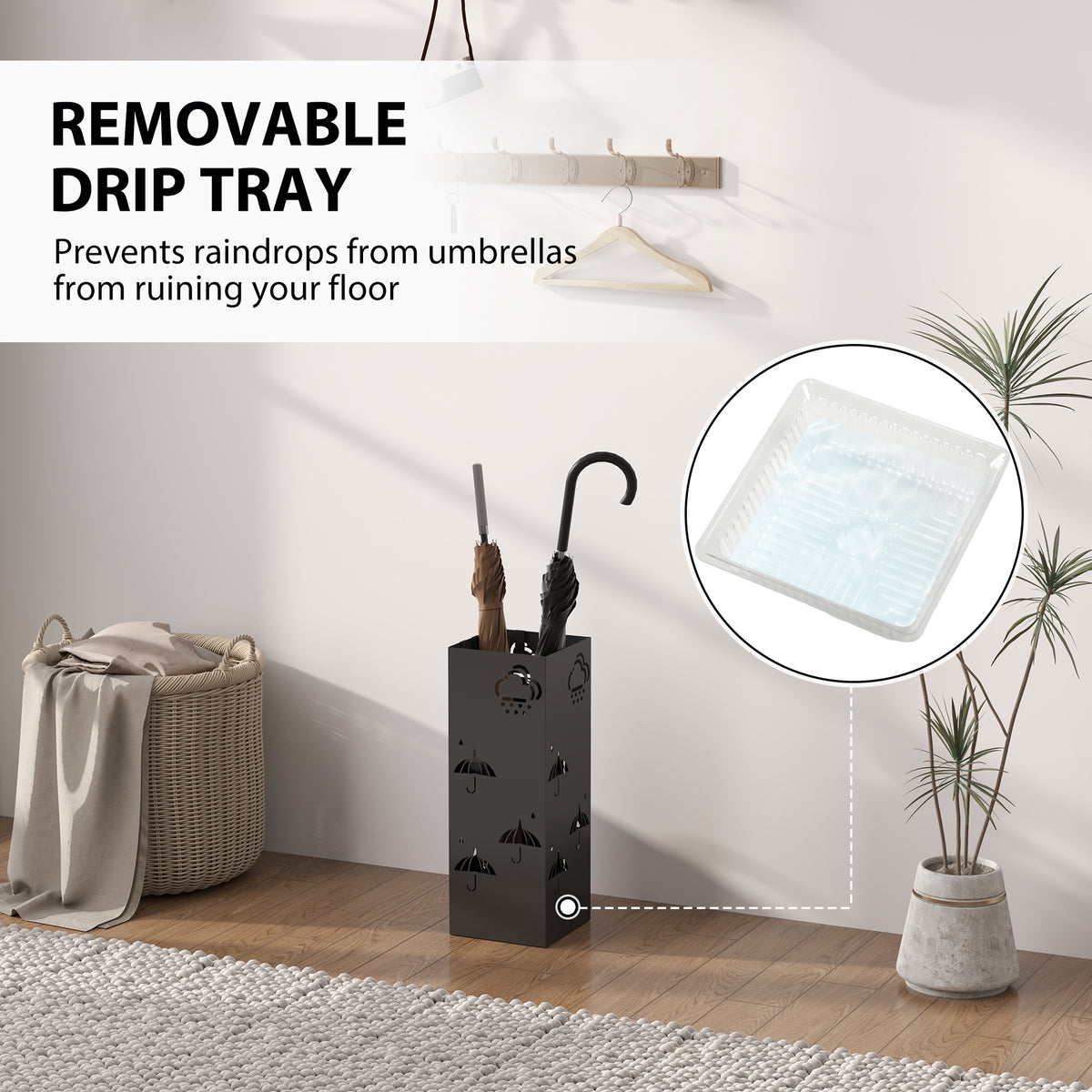 Metal Square Umbrella Stand with 4 Hooks & Removable Drip Tray 15.5x15.5x41 cm - Black