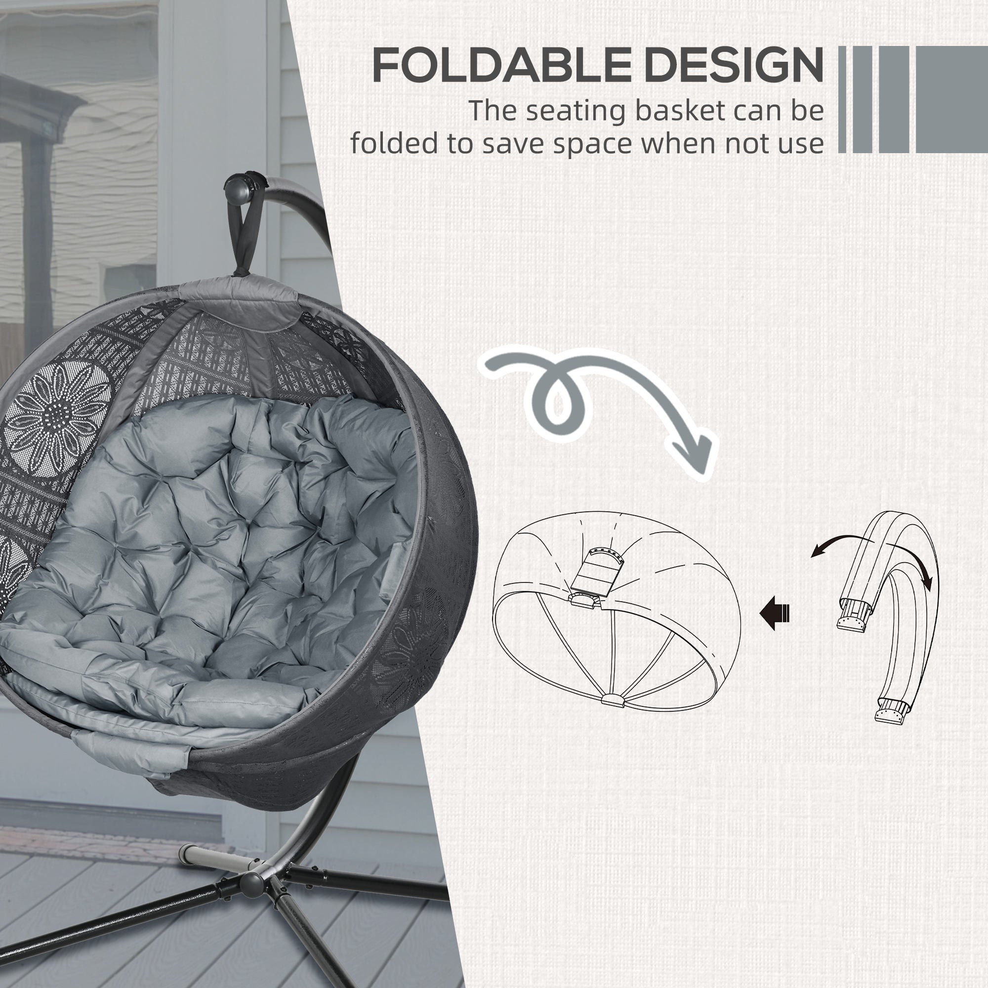 Round Egg Basket Chair with Steel Stand and Padded Cushion - Charcoal Grey