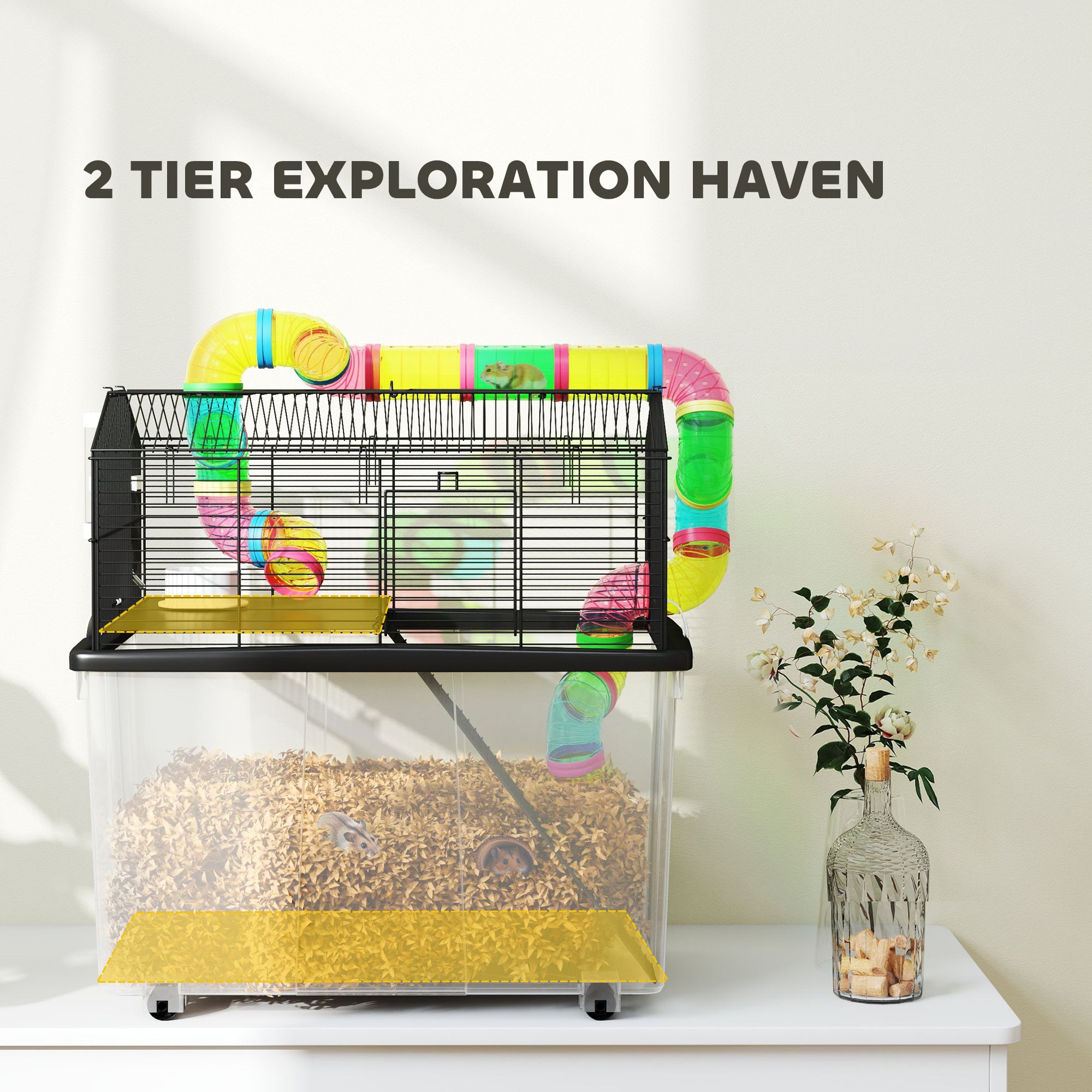 2 Tier Hamster Cage with 31cm Deep Tray, Tube System, Water Bottle, Ramp, Feeding Bowl, 58 x 43 x 57cm, Multicolour