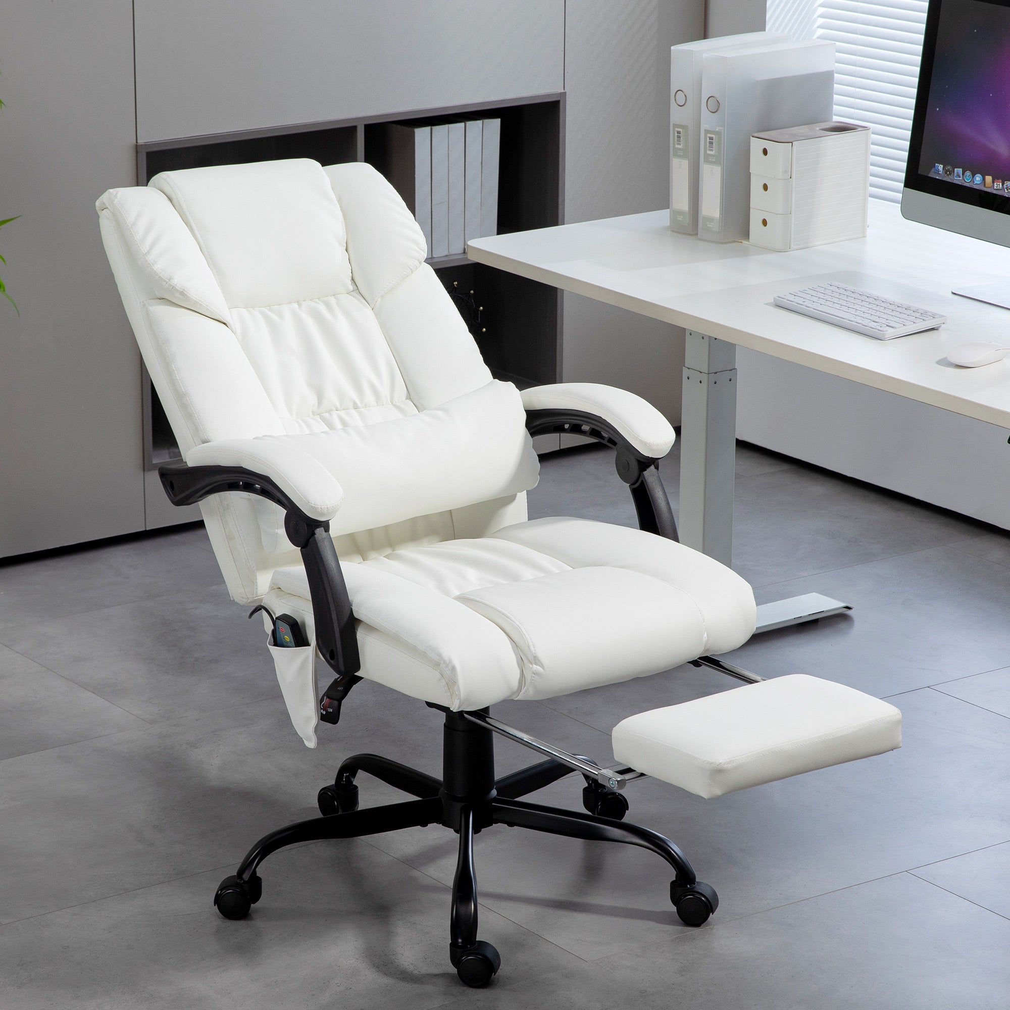 6-Point Massage Office Chair, PU Leather Desk Chair with Adjustable Height and Footrest for Home Office, White