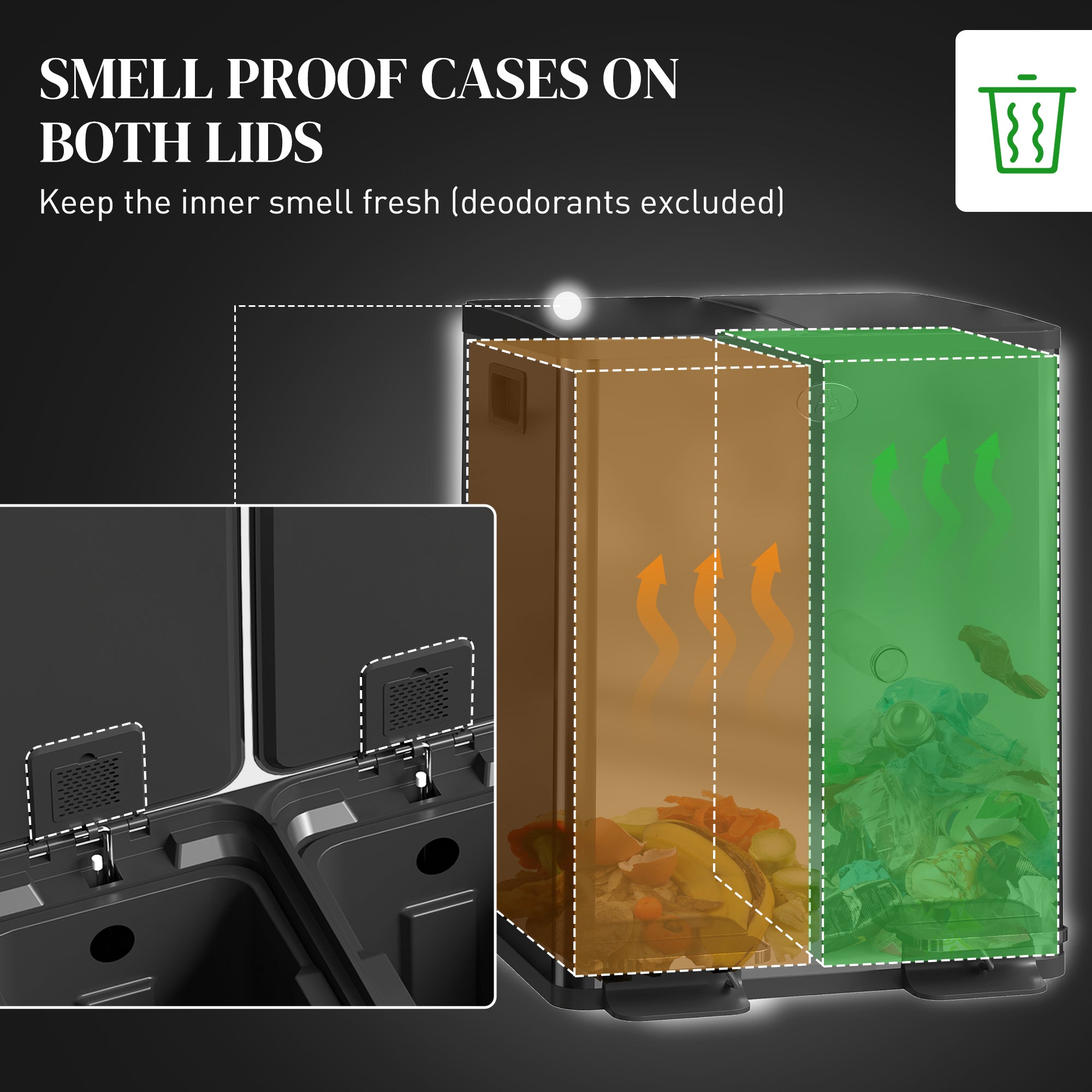 40L Dual Compartment Stainless Steel Bin, with Deodoriser Holders - Black