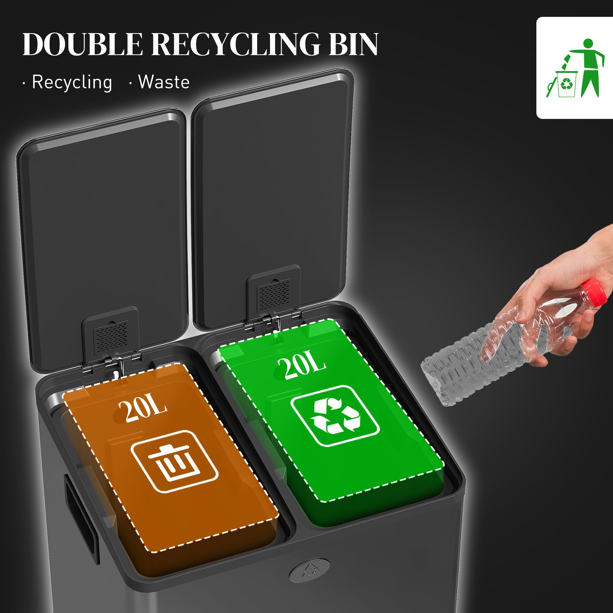 40L Dual Compartment Stainless Steel Bin, with Deodoriser Holders - Black