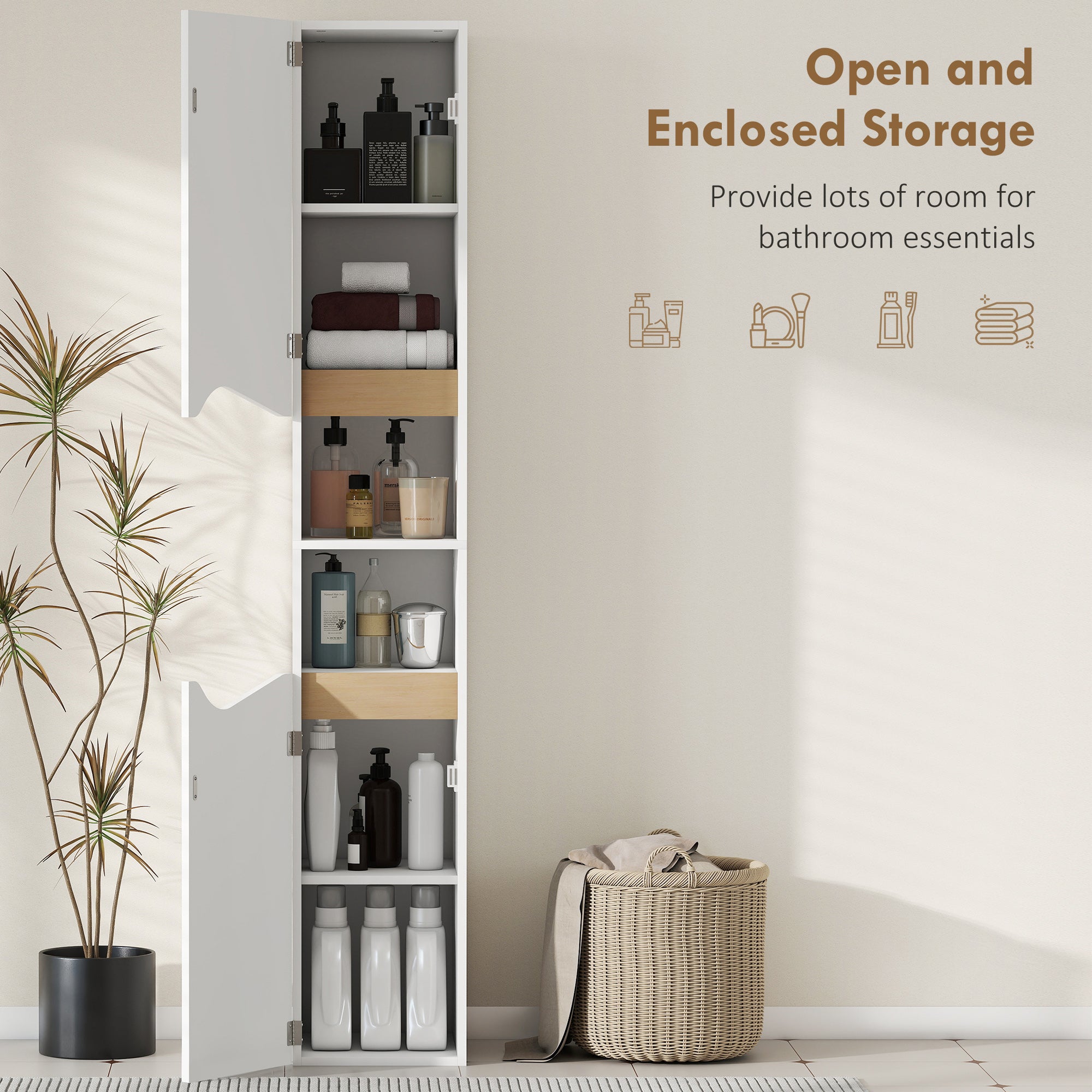Tall Slim Bathroom Cabinet with 2 Doors, 2 Shelves - White