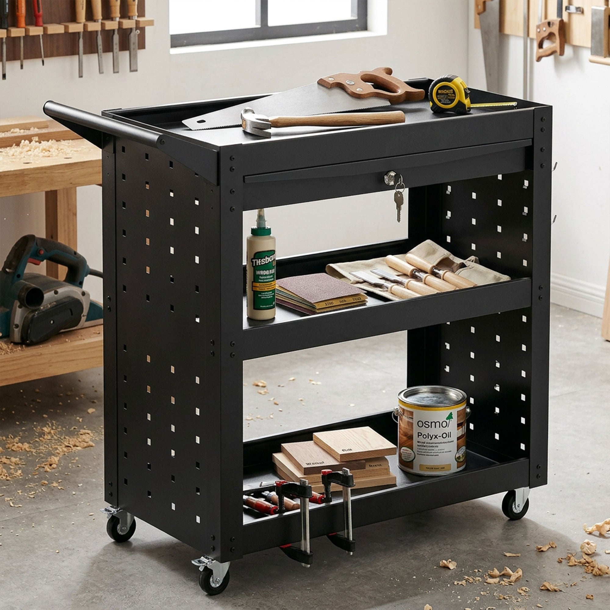 Tool Cart with Lockable Wheels, Rolling Workshop Cart with 3-Tier Trays, Drawer, Pegboards, Black