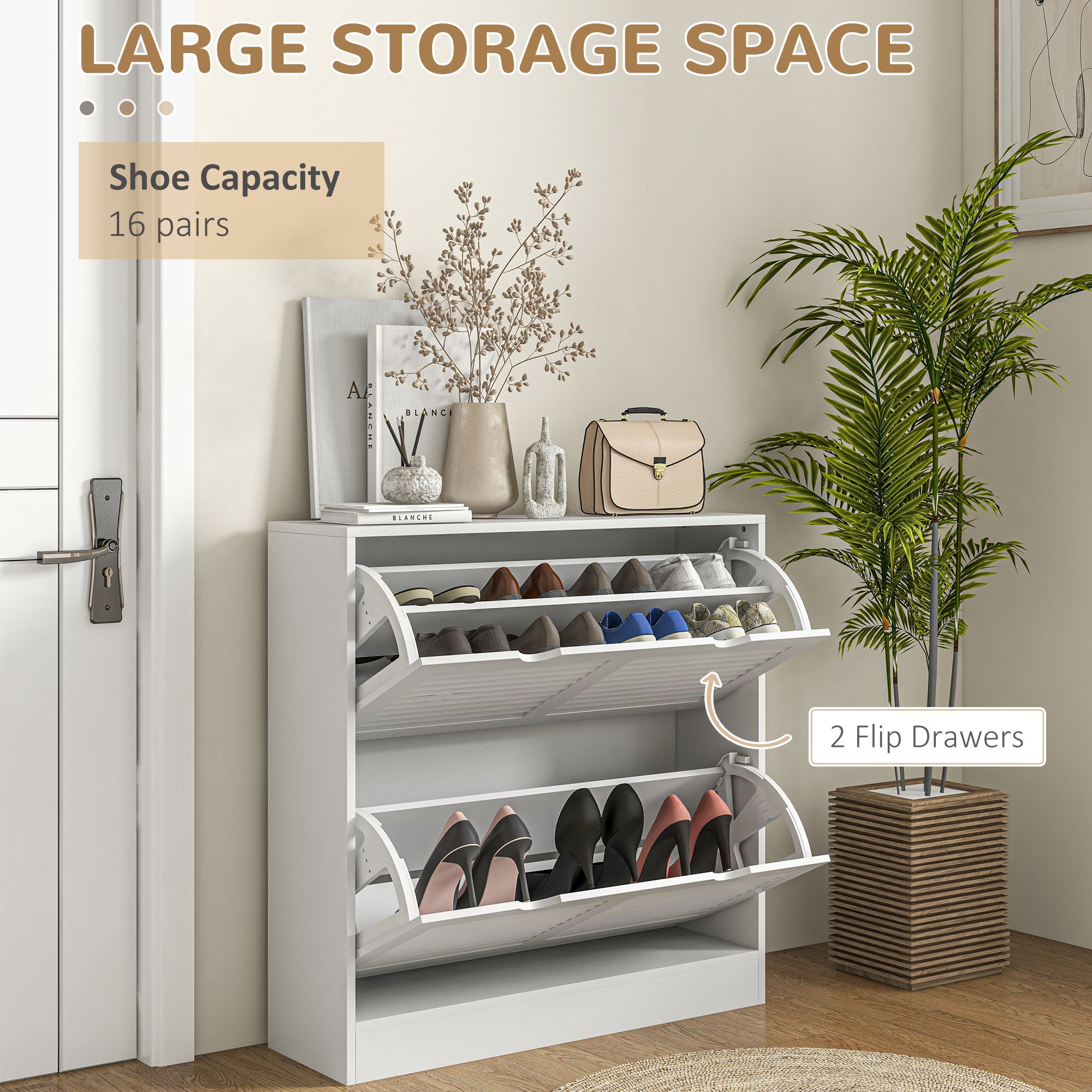 2-Drawer Narrow Entryway Shoe Cabinet with Flip Drawers, Louvered Doors & Adjustable Shelves for 16 Pairs - White