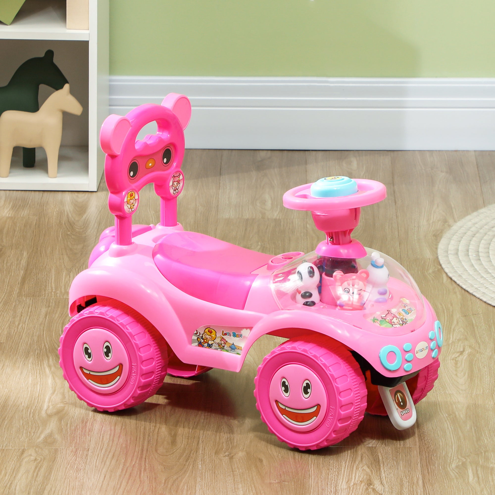 Foot to Floor oddler Ride on Toy w/ Music, Light, Horn, Under Seat Storage, Anti-Over-Backwards Device, Pink