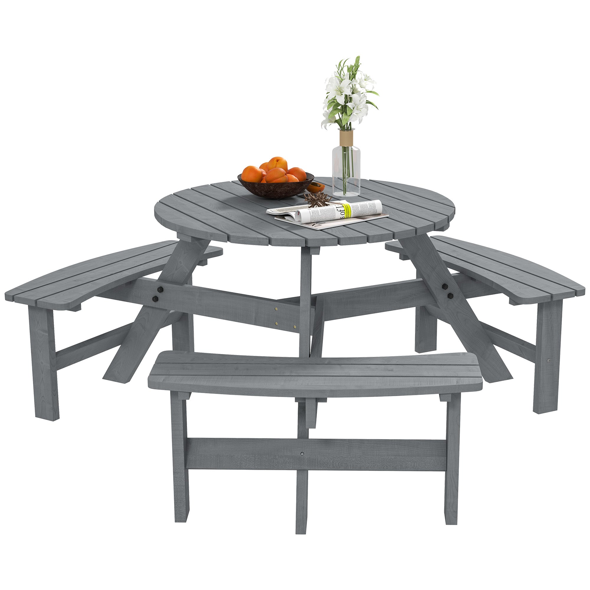 6 Seater Wooden Picnic Table and Garden Benches Set, Round Garden Dining Set with 3 Benches and Umbrella Hole Outdoor Garden Park, Grey