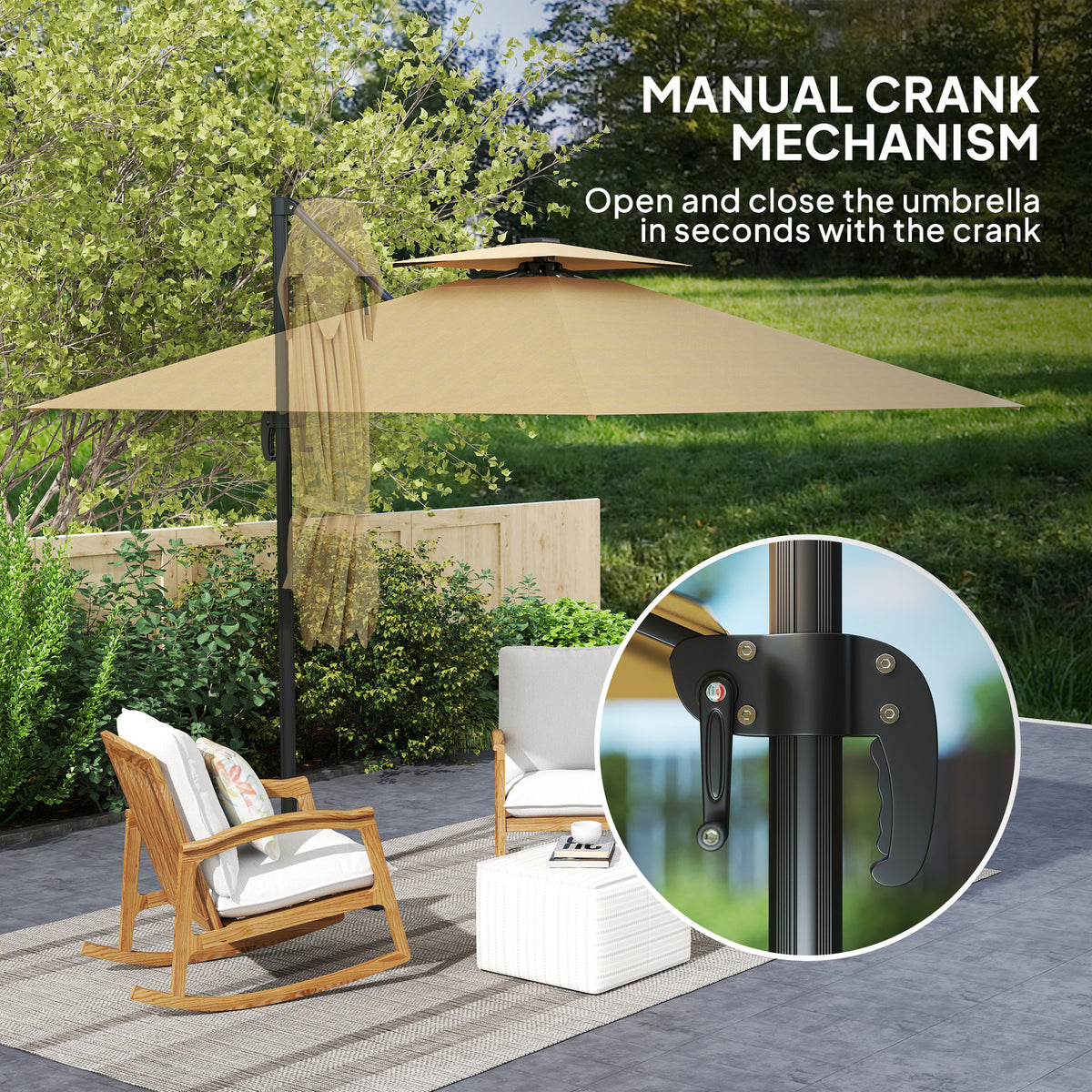2.5m Cantilever Parasol with Solar LED Lights and 360° Rotation - Khaki