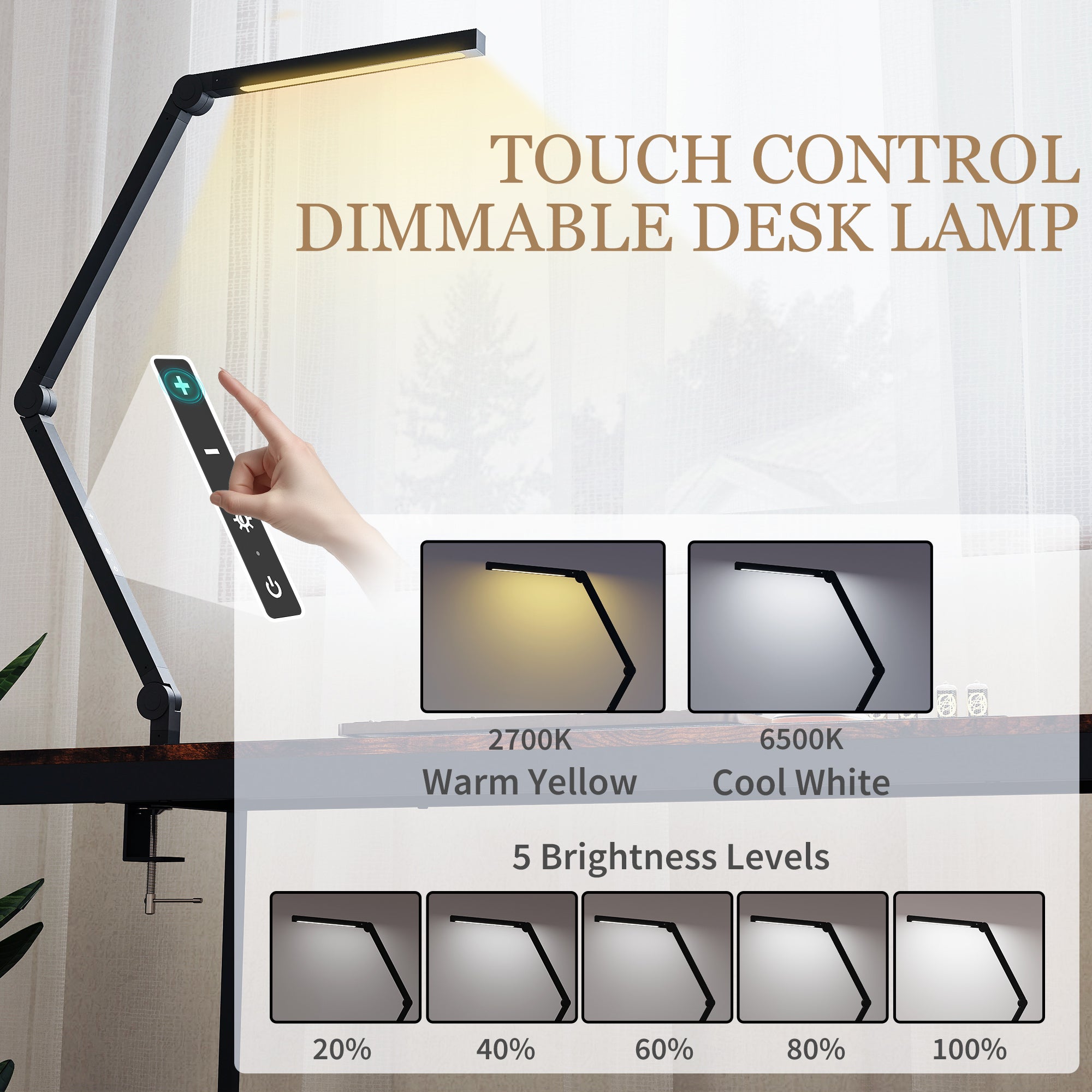 LED Desk Lamp, Dimmable Desk Light with Swing Arm and Clamp, Adjustable Eye-Caring Table Lamp with 2 Colour Modes & 5 Brightness Levels for Study, Drawing, Office, Architect, Task, Black