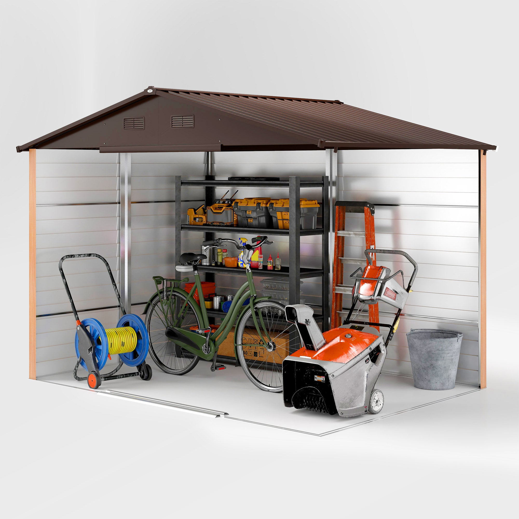 9 x 6ft Galvanised Steel Shed with Double Sliding Doors with 4 Ventilation Slots - Brown Wood-Effect
