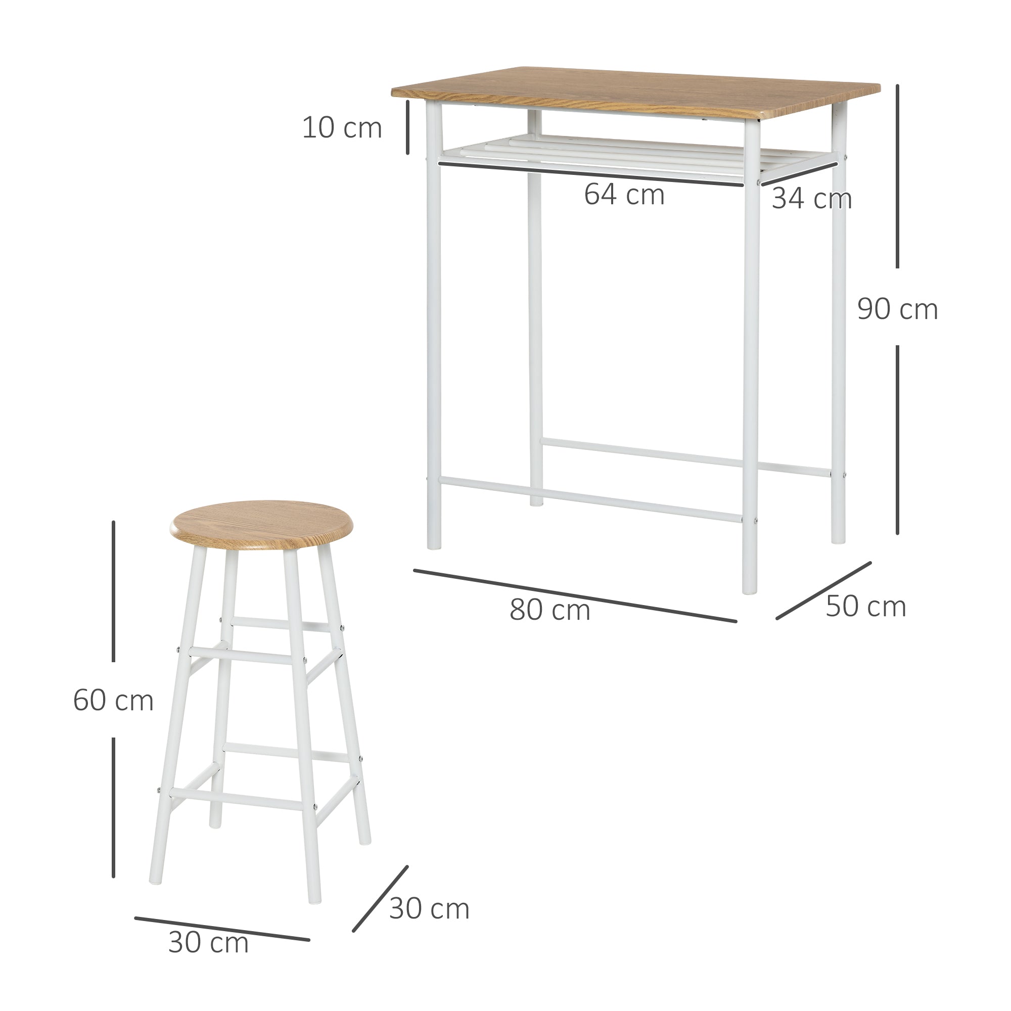 Bar Table Set, Bar Table and Stools Set, Footrest and Storage Shelf, for Kitchen, Dining Room, Pub, Cafe, White and Oak