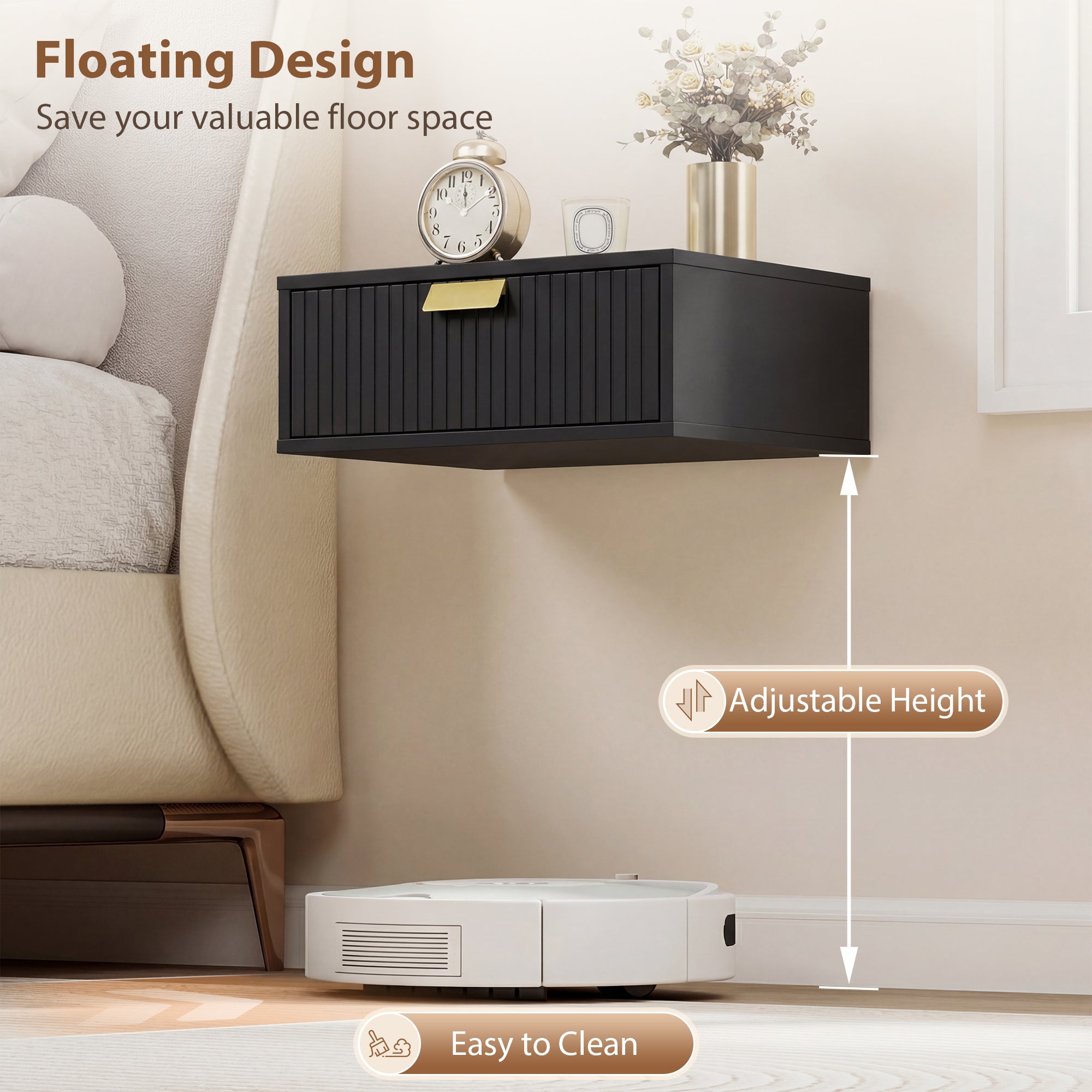 Modern Floating Nightstands Set of 2, Wall Mounted Bedside Tables with Wave Drawer Black