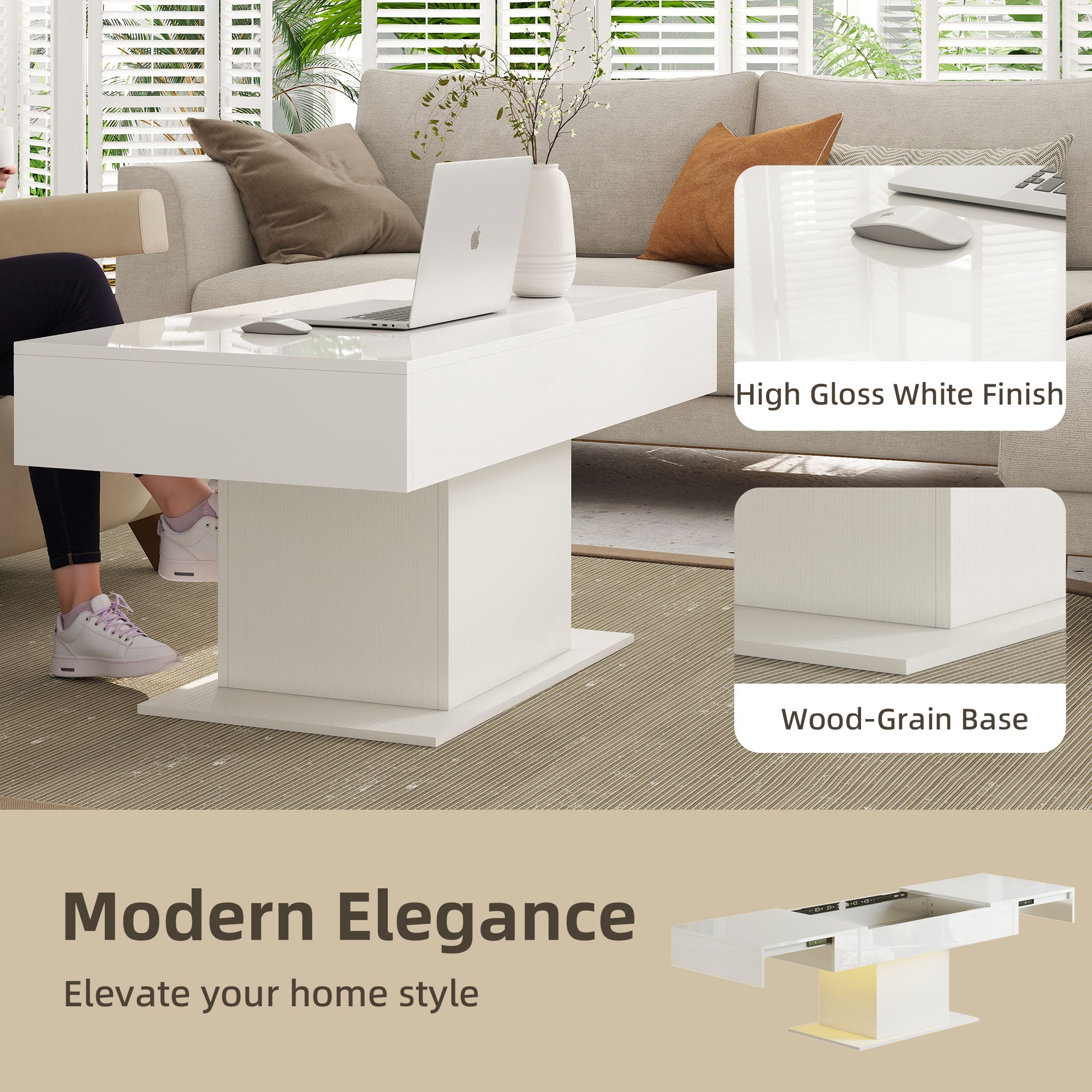 Extendable Coffee Table with LED Lights and Storage - High Gloss White