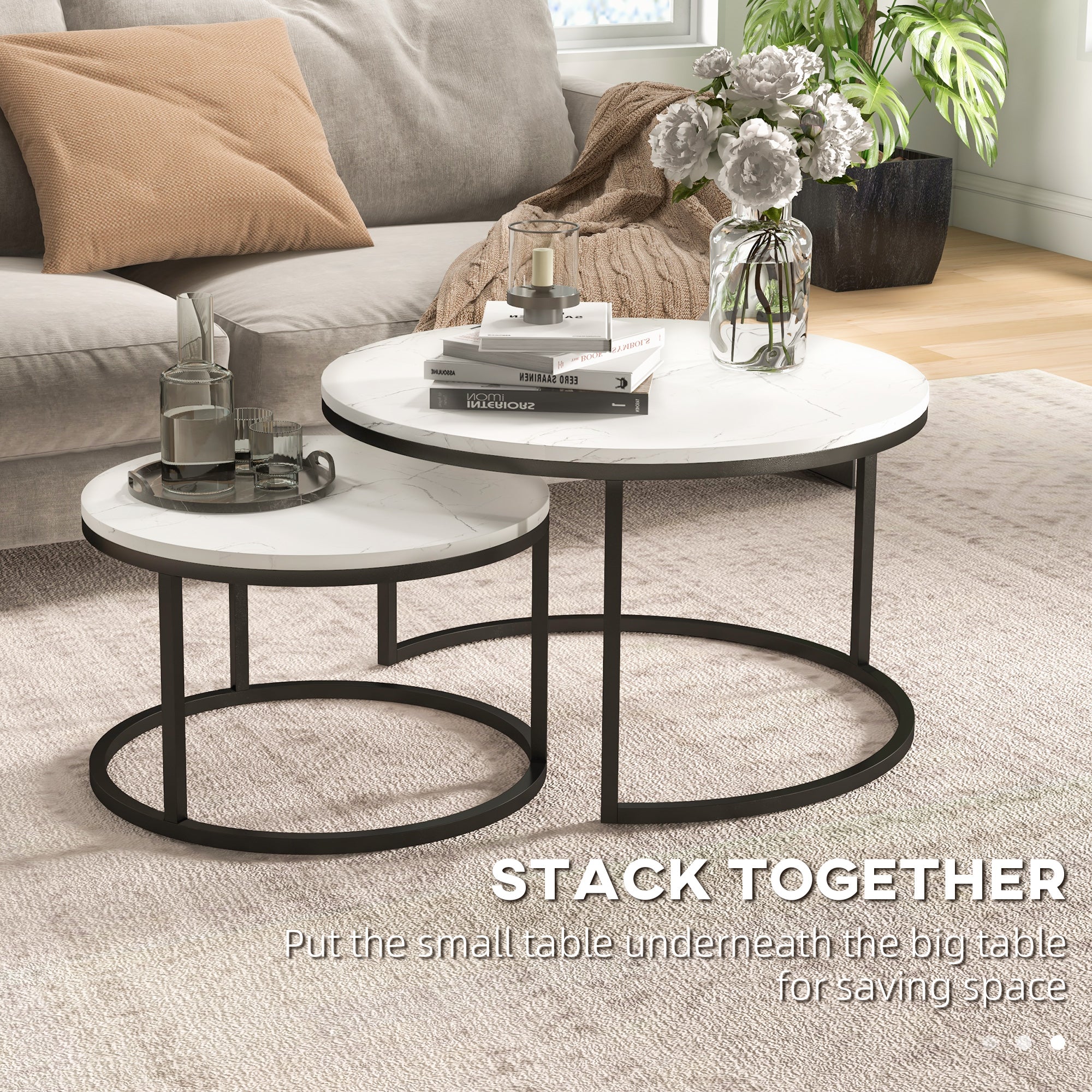 Set of Two Marble-Effect Stacking Tables - Black/White