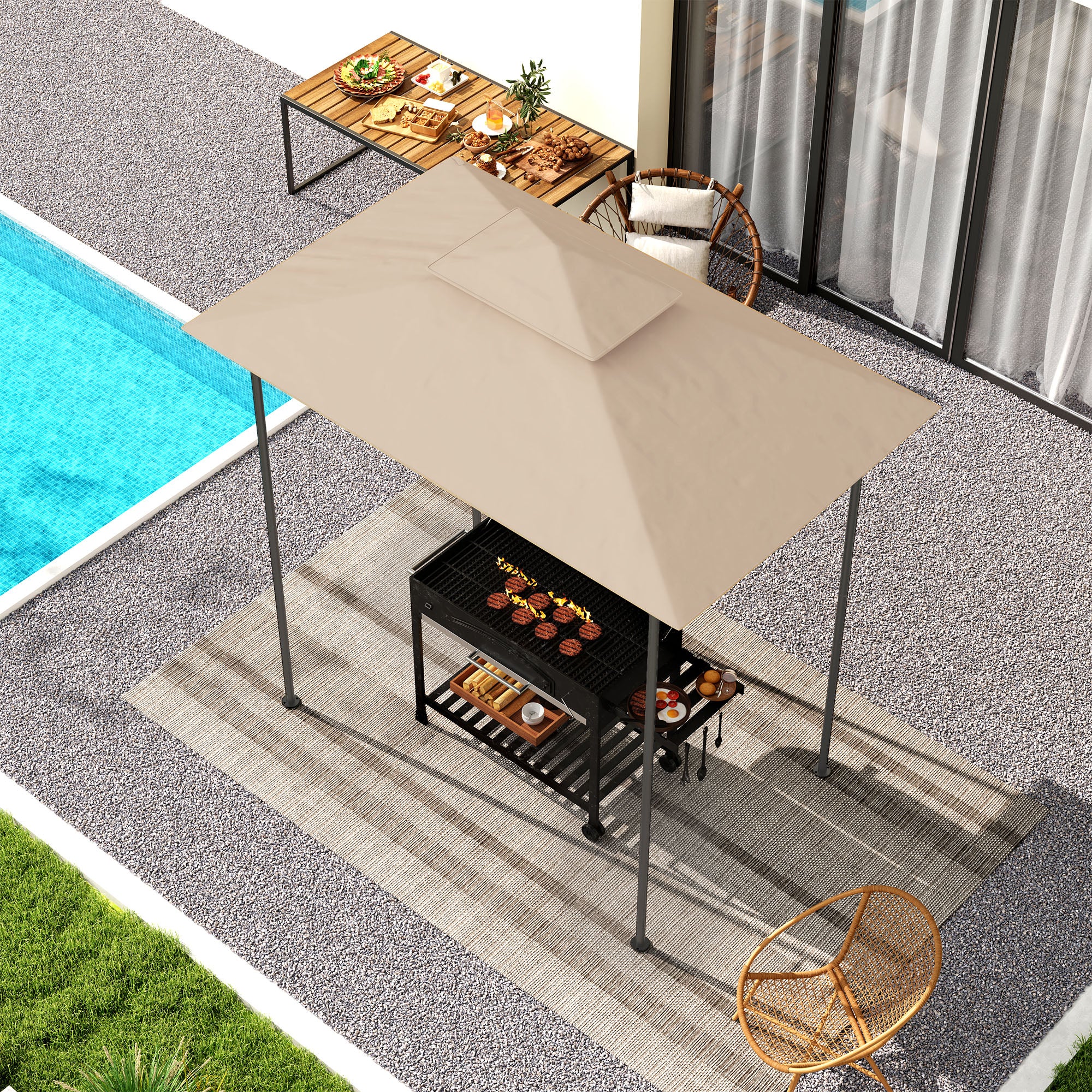 Grill Gazebo Replacement Canopy Roof for 1.5 x 2.4m Frame, UPF50+ Protection, Double Tiered 5' x 8' Outdoor BBQ Gazebo Cover Replacement, TOP COVER ONLY, Beige