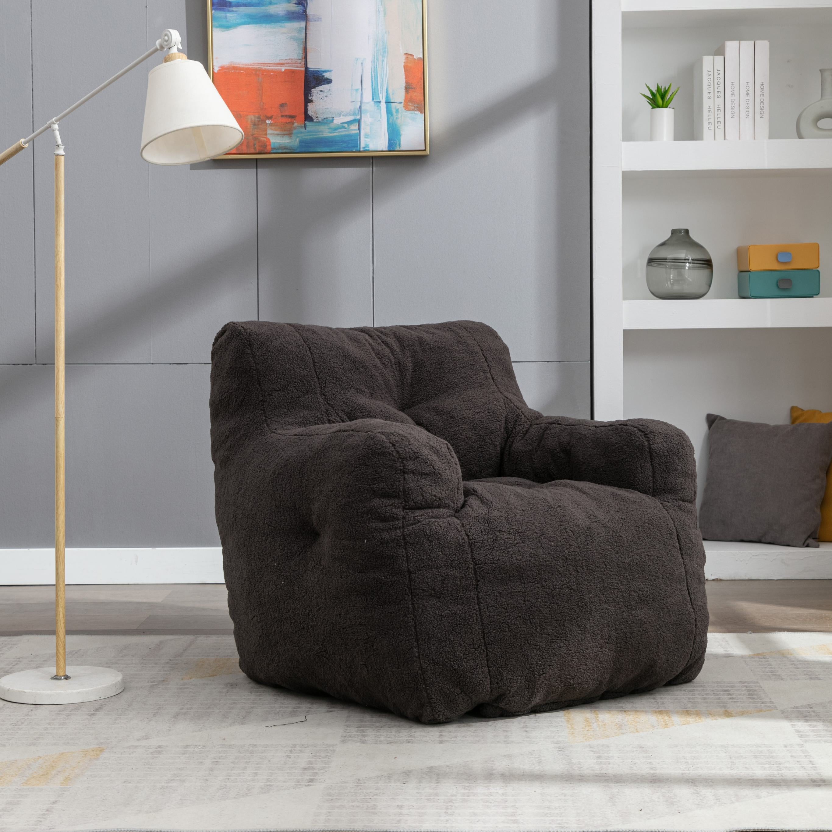 Soft Tufted Foam Bean Bag Armchair with Teddy Fabric, Recliner Sofa with Ergonomic Backrest, 100L x 94W x 70H cm, Dark Gray