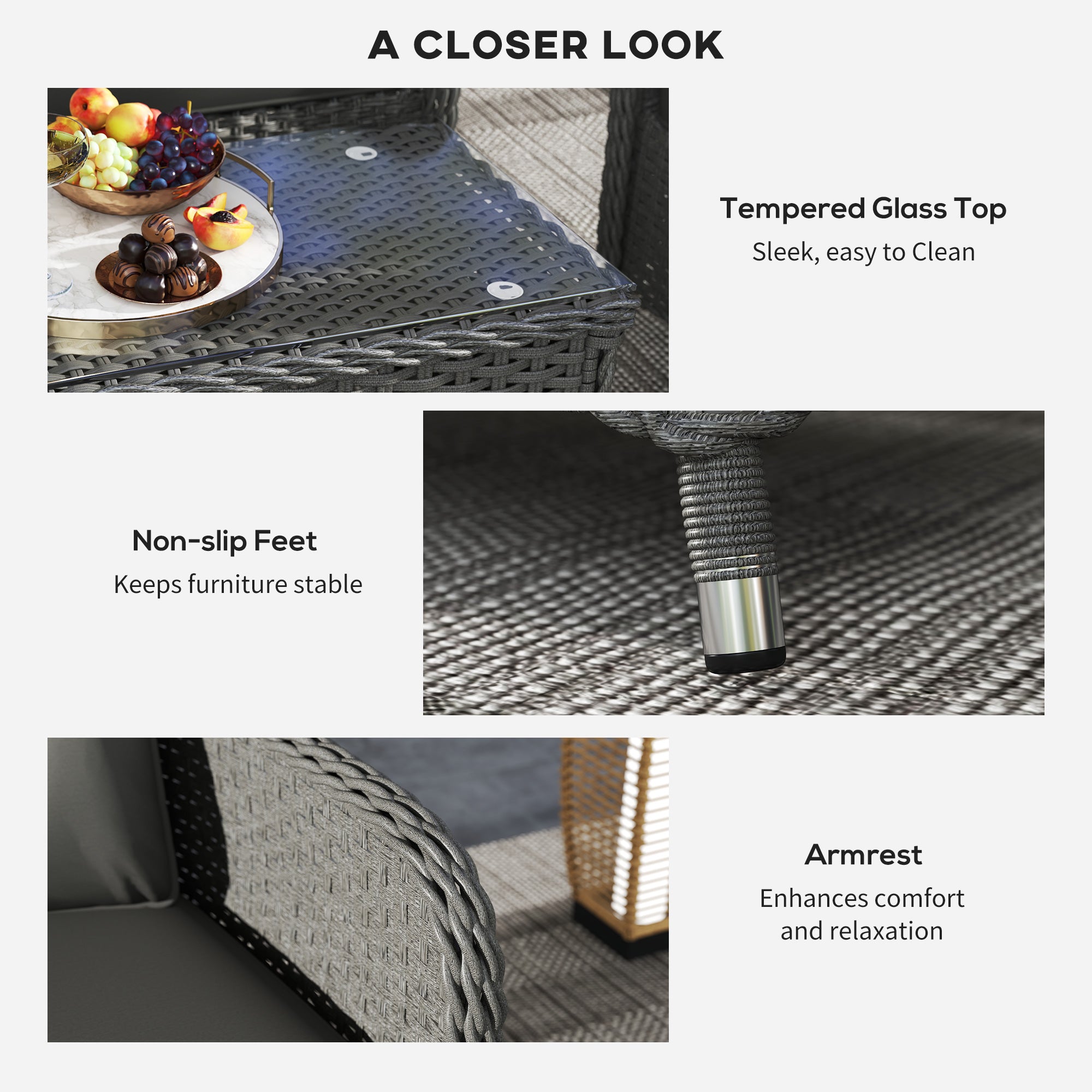 4 Piece Rattan Sofa Set with Aluminium Frame and Glass Table Light Grey