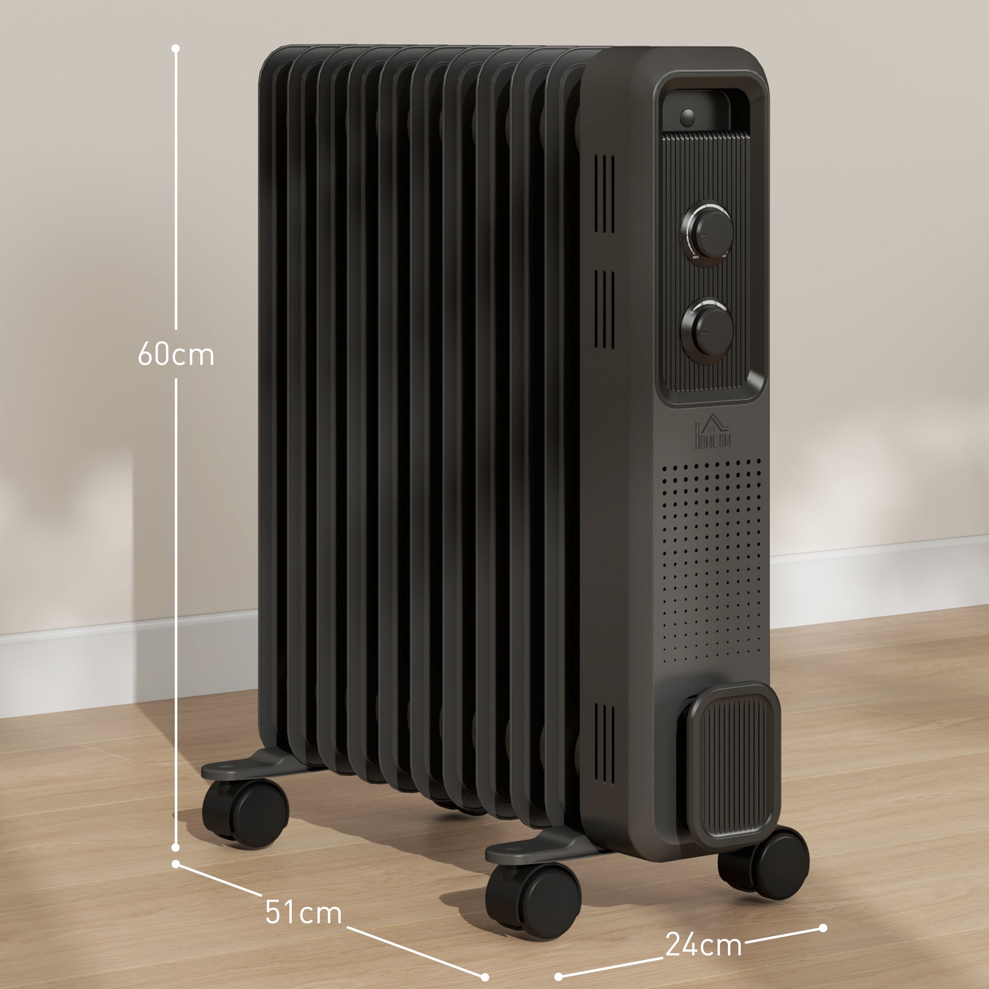 2500W Oil Filled Radiator, 11 Fin, Portable Electric Heater with 3 Heat Settings, Safety Cut-Off and Wheels, Grey