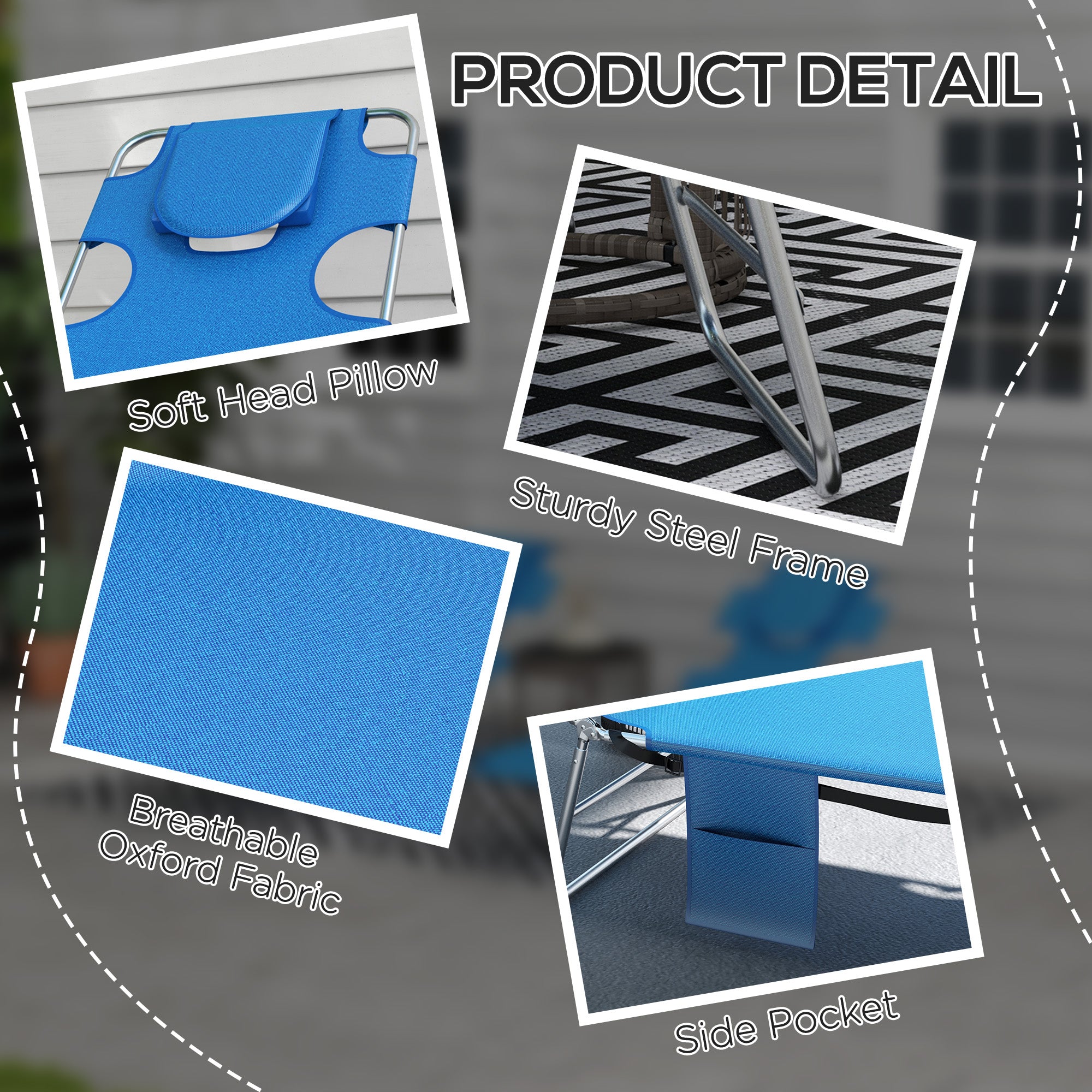 Foldable Sun Lounger Set of 2 with Reading Hole, Portable Sun Lounger with 5 Level Adjustable Backrest, Reclining Lounge Chair with Side Pocket, Headrest Pillow, Blue