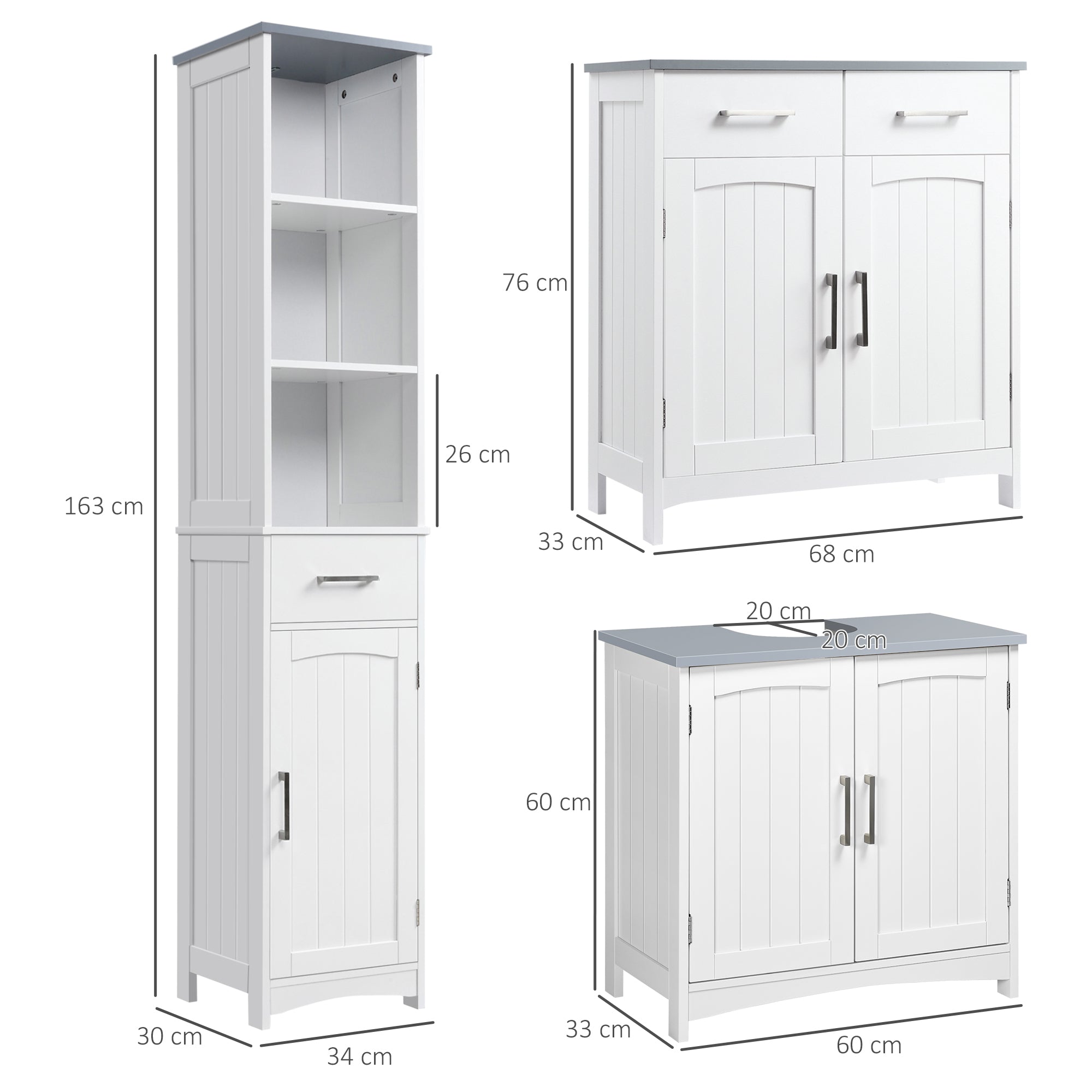 Bathroom Furniture Set with Adjustable Shelves, Tall Bathroom Storage Cabinet with Open Shelves, Bathroom Floor Cabinet with Drawers, Pedestal Sink Cabinet, White