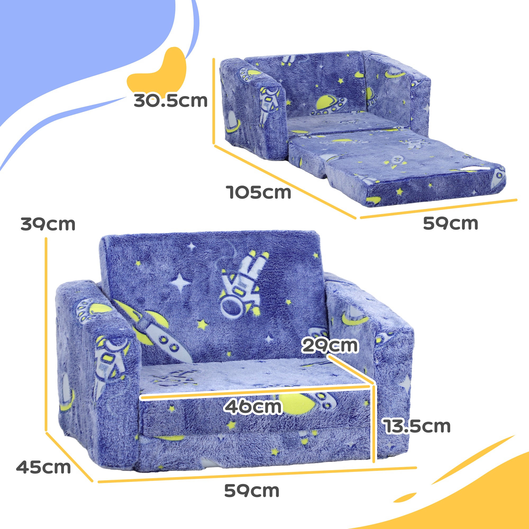 2 in 1 Kids Kids Folding Bed Armchair with Glow in The Dark Cosmic Design, Washable Cushion and Cover, Blue