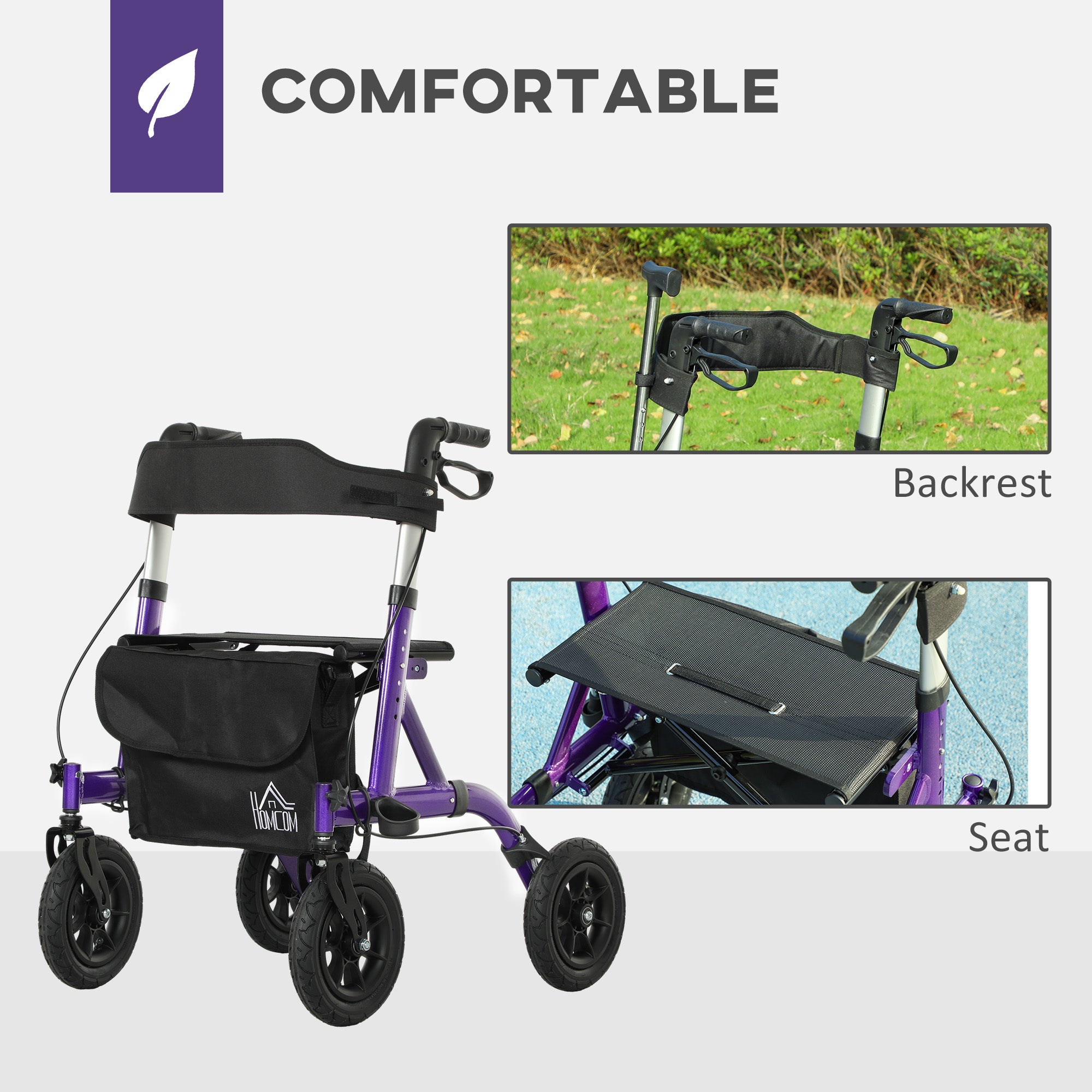 Folding Rollator Walker with Seat, Backrest, Lightweight Walking Frame with Storage Bag, Dual Brakes, All-terrain Wheels, Adjustable Handle Height, 4 Wheeled Walker for Seniors, Purple