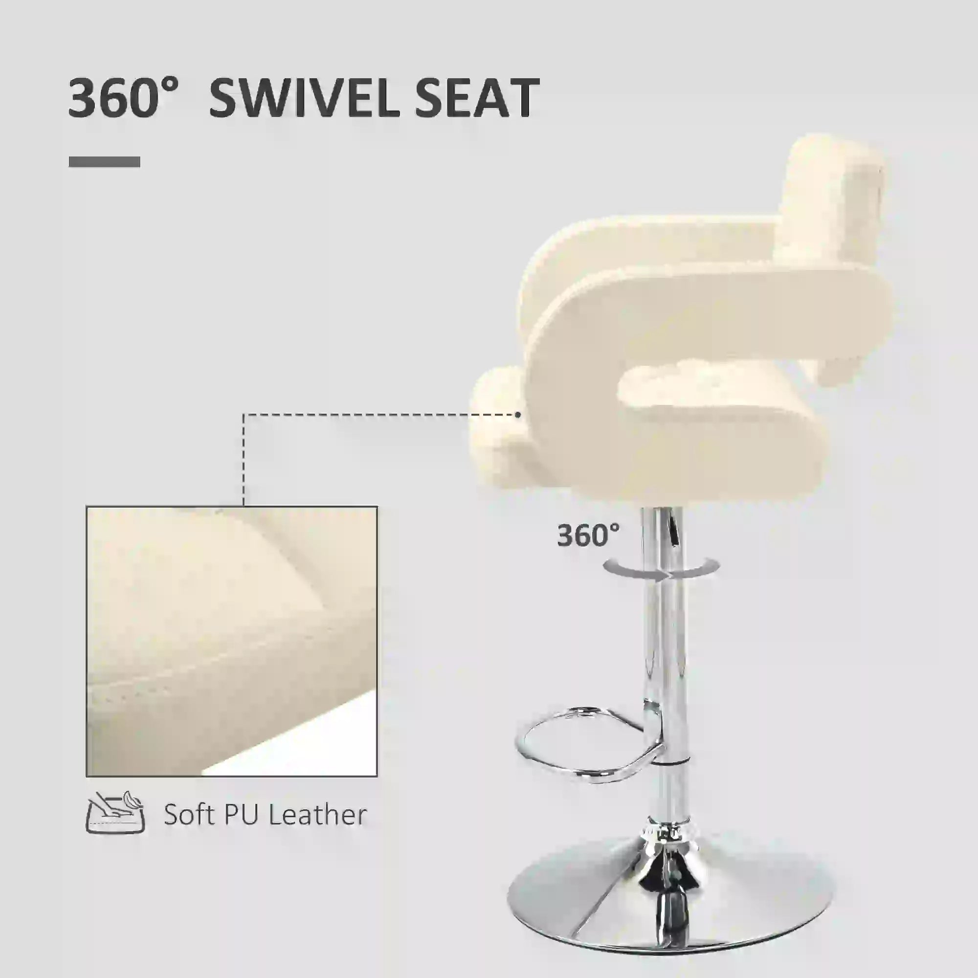 PU Leather Adjustable Swivel Bar Stool with Back, Armrest & Footrest - Cream White